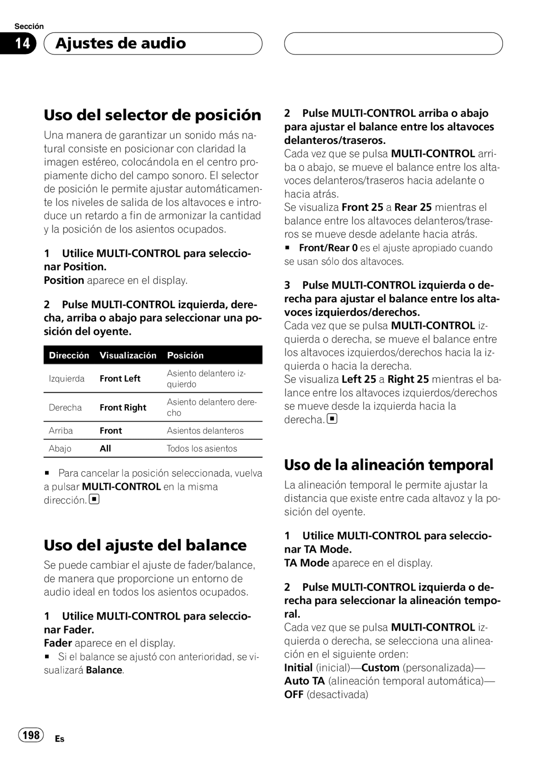 Pioneer DEH-P9800BT operation manual Ajustes de audio Uso del selector de posición, Uso del ajuste del balance, 198 Es 