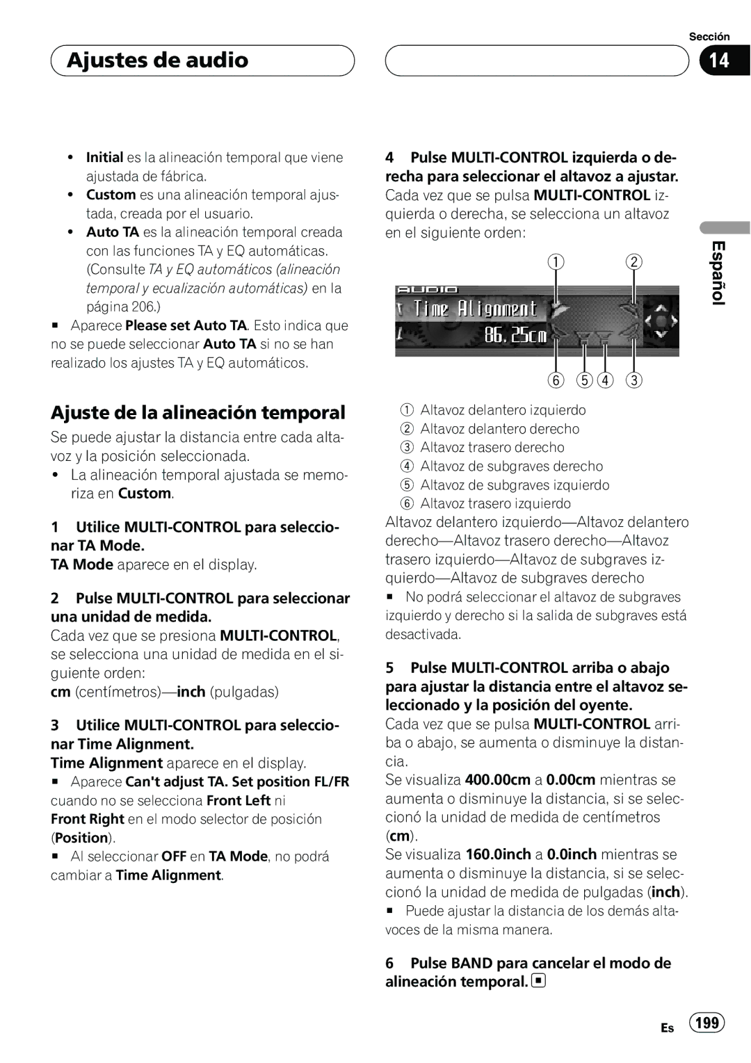 Pioneer DEH-P9800BT operation manual Ajustes de audio, Ajuste de la alineación temporal 