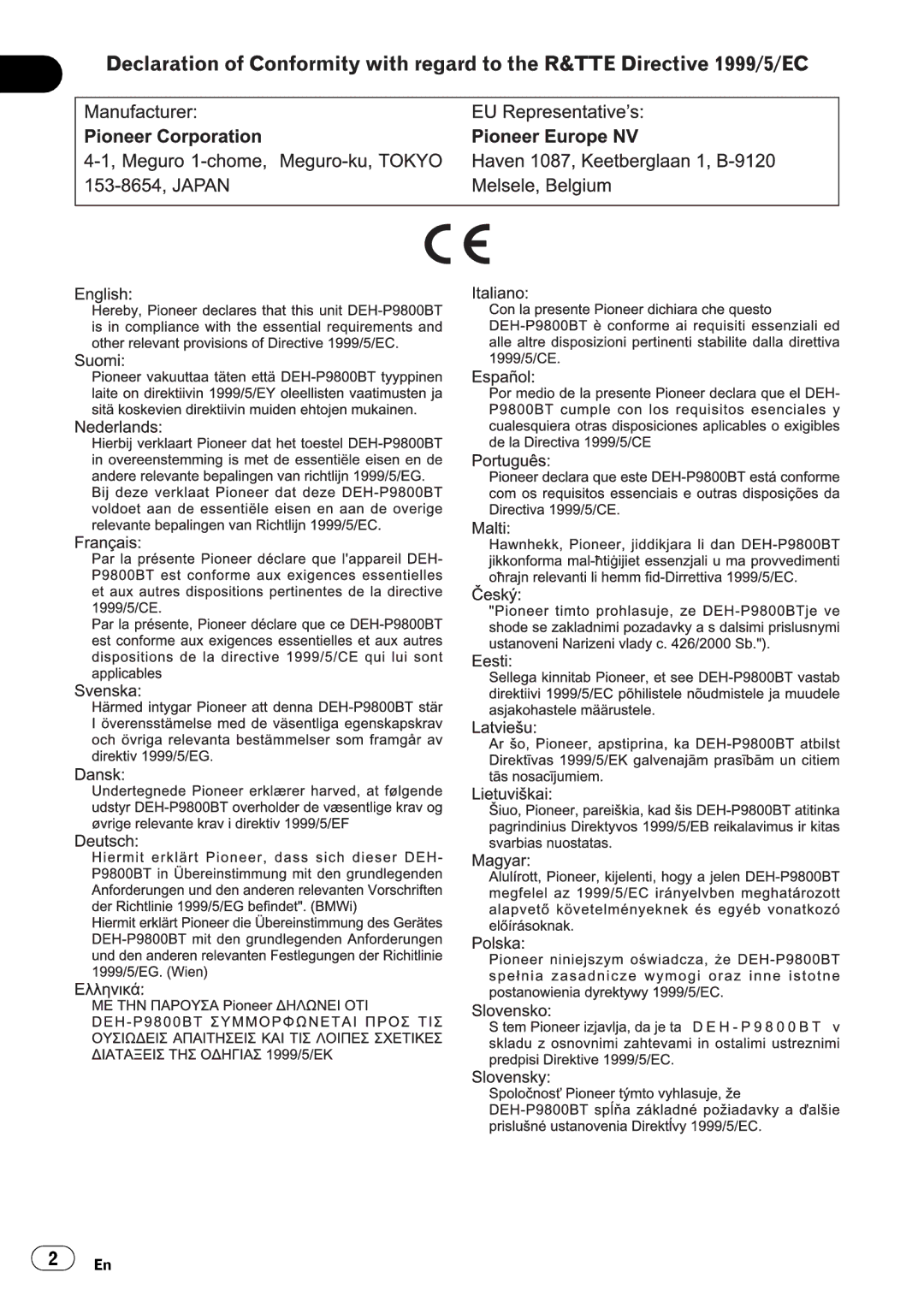 Pioneer DEH-P9800BT operation manual 