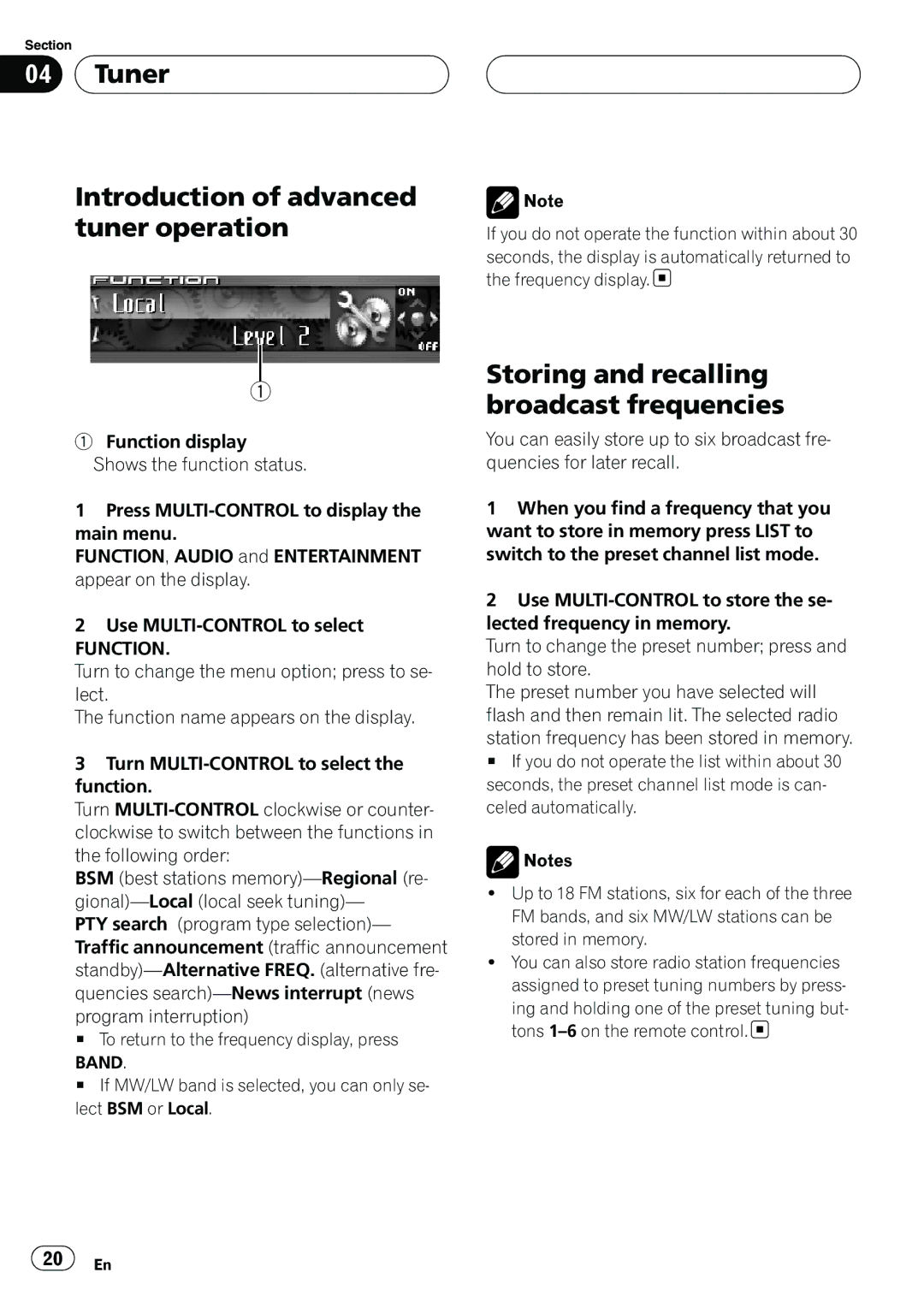 Pioneer DEH-P9800BT Tuner Introduction of advanced tuner operation, Storing and recalling broadcast frequencies 