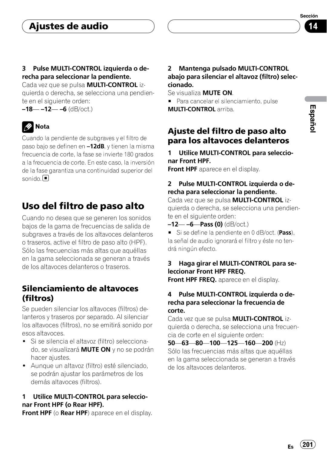 Pioneer DEH-P9800BT operation manual Uso del filtro de paso alto, Silenciamiento de altavoces filtros, MULTI-CONTROL arriba 