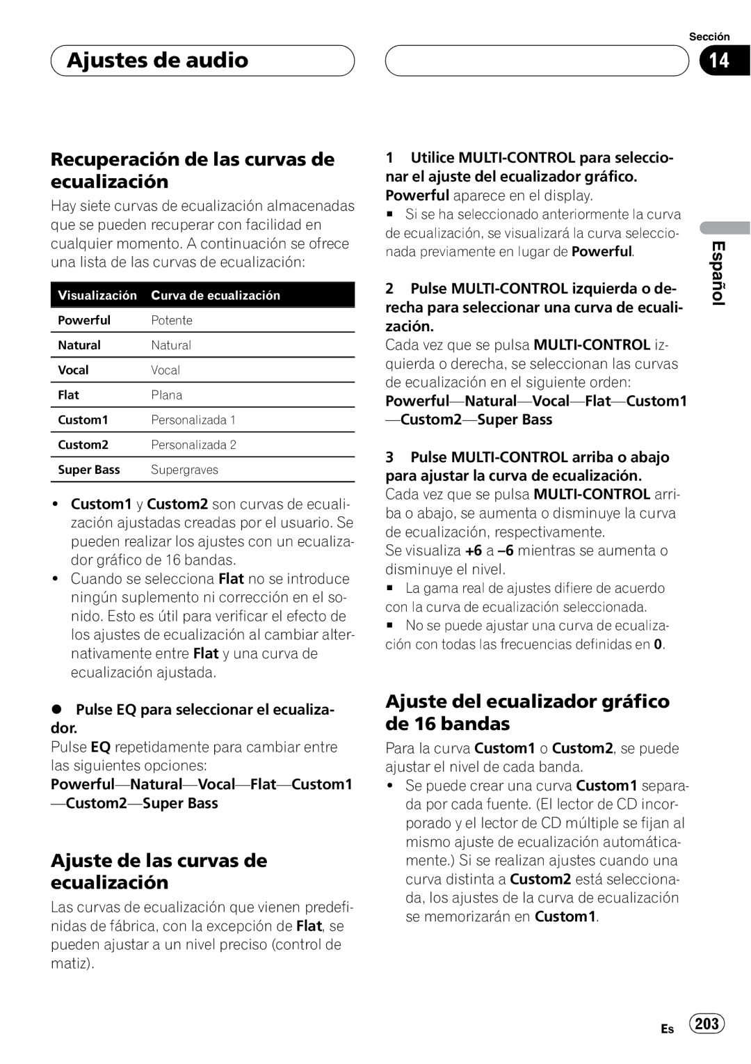 Pioneer DEH-P9800BT operation manual Recuperación de las curvas de ecualización, Ajuste de las curvas de ecualización 