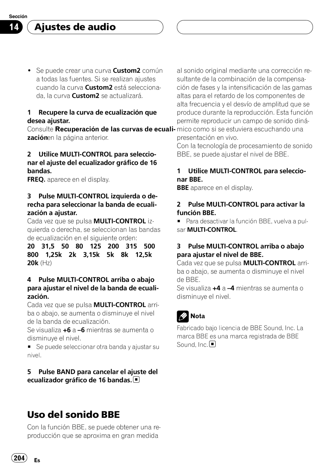 Pioneer DEH-P9800BT operation manual Uso del sonido BBE, 204 Es 