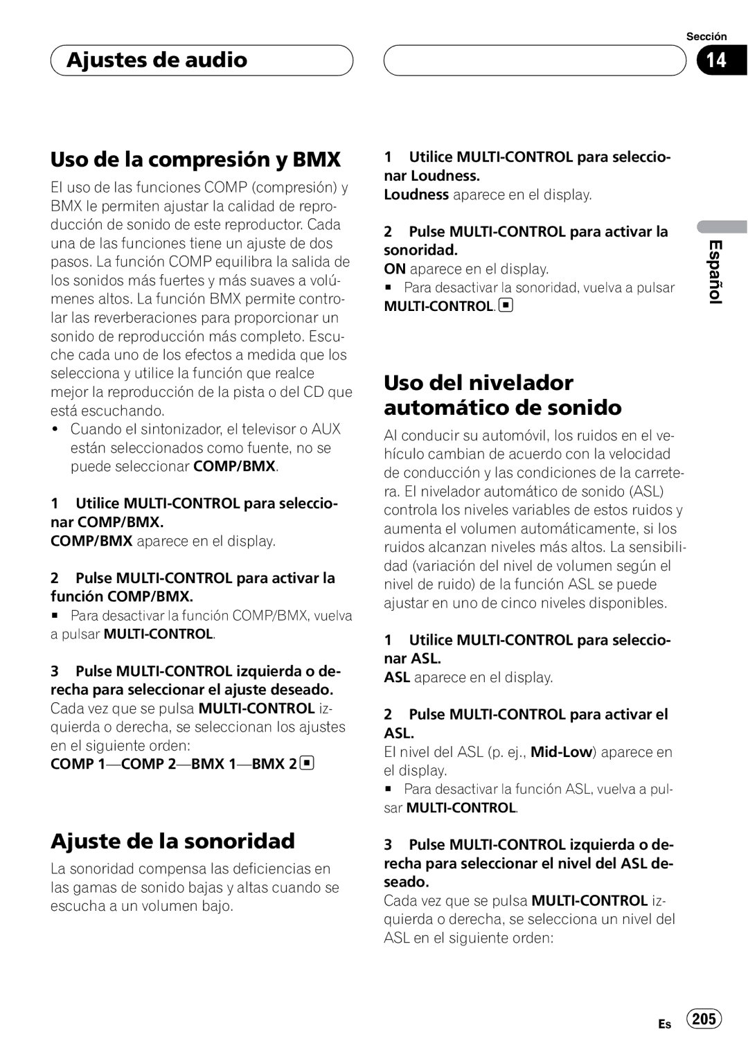 Pioneer DEH-P9800BT operation manual Ajustes de audio Uso de la compresión y BMX, Ajuste de la sonoridad, Sonoridad 