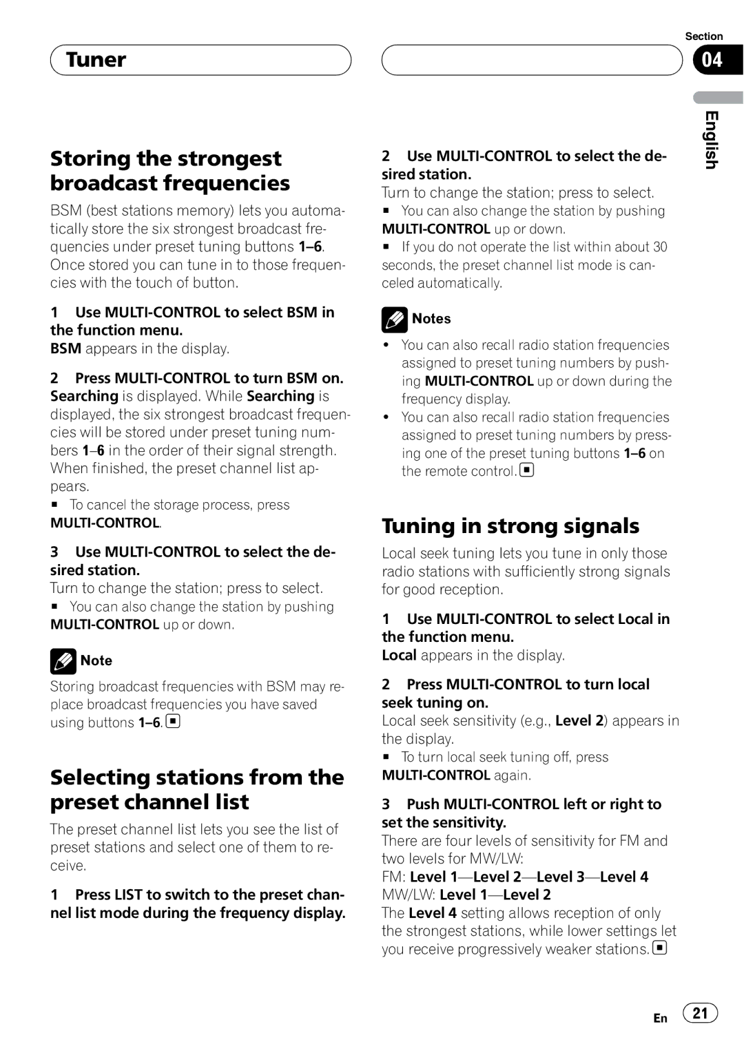 Pioneer DEH-P9800BT Tuner Storing the strongest broadcast frequencies, Selecting stations from the preset channel list 