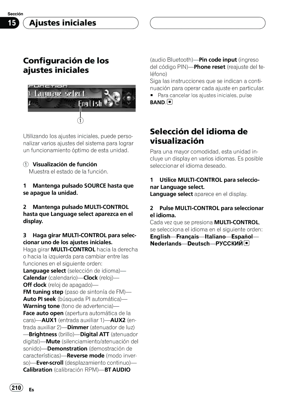 Pioneer DEH-P9800BT Ajustes iniciales Configuración de los ajustes iniciales, Selección del idioma de visualización 