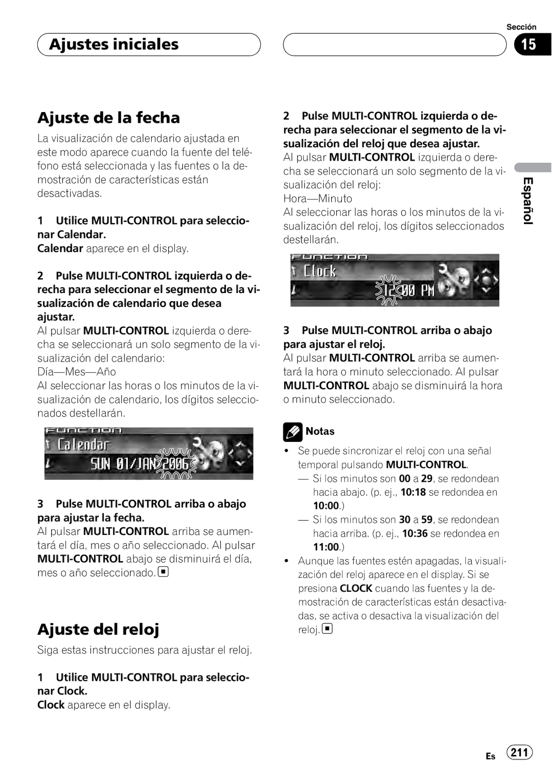 Pioneer DEH-P9800BT operation manual Ajustes iniciales Ajuste de la fecha, Ajuste del reloj, Sualización del reloj 