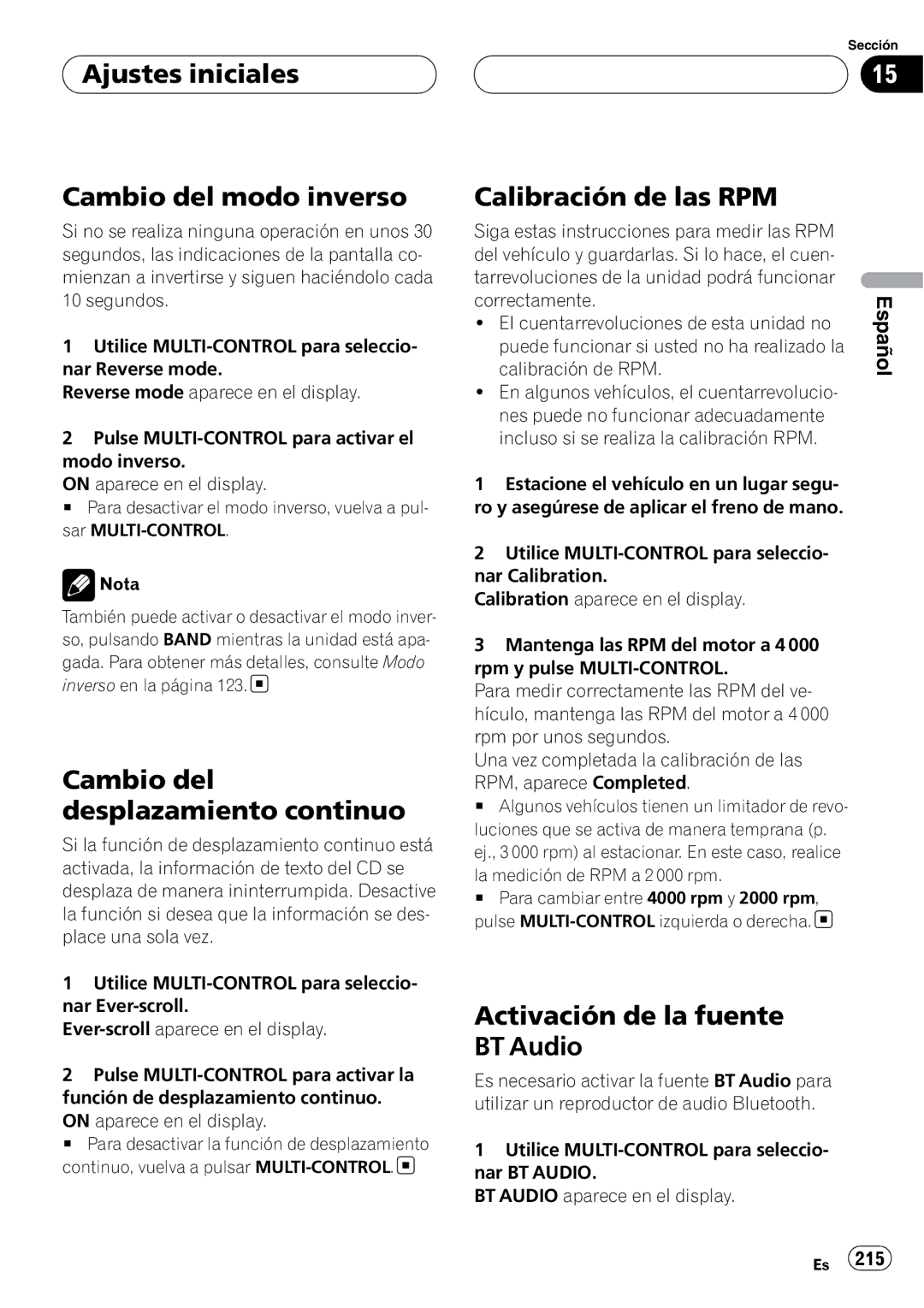 Pioneer DEH-P9800BT Ajustes iniciales Cambio del modo inverso, Cambio del desplazamiento continuo, Calibración de las RPM 