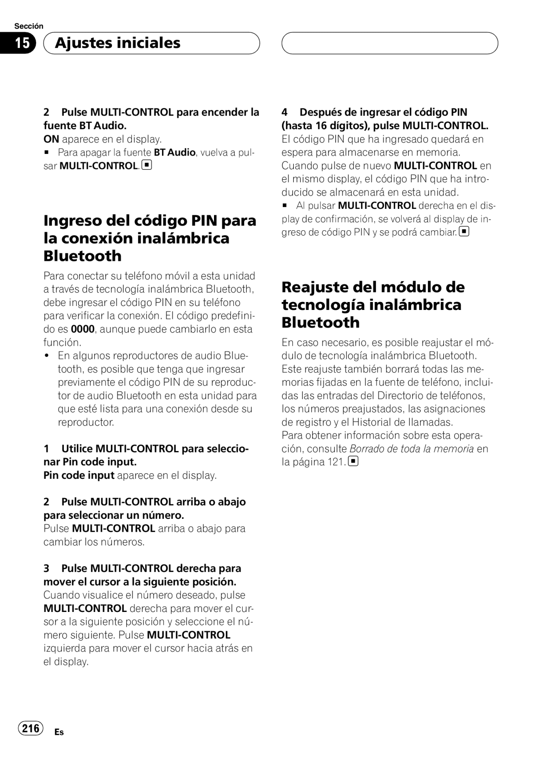 Pioneer DEH-P9800BT operation manual Reajuste del módulo de tecnología inalámbrica Bluetooth, 216 Es 