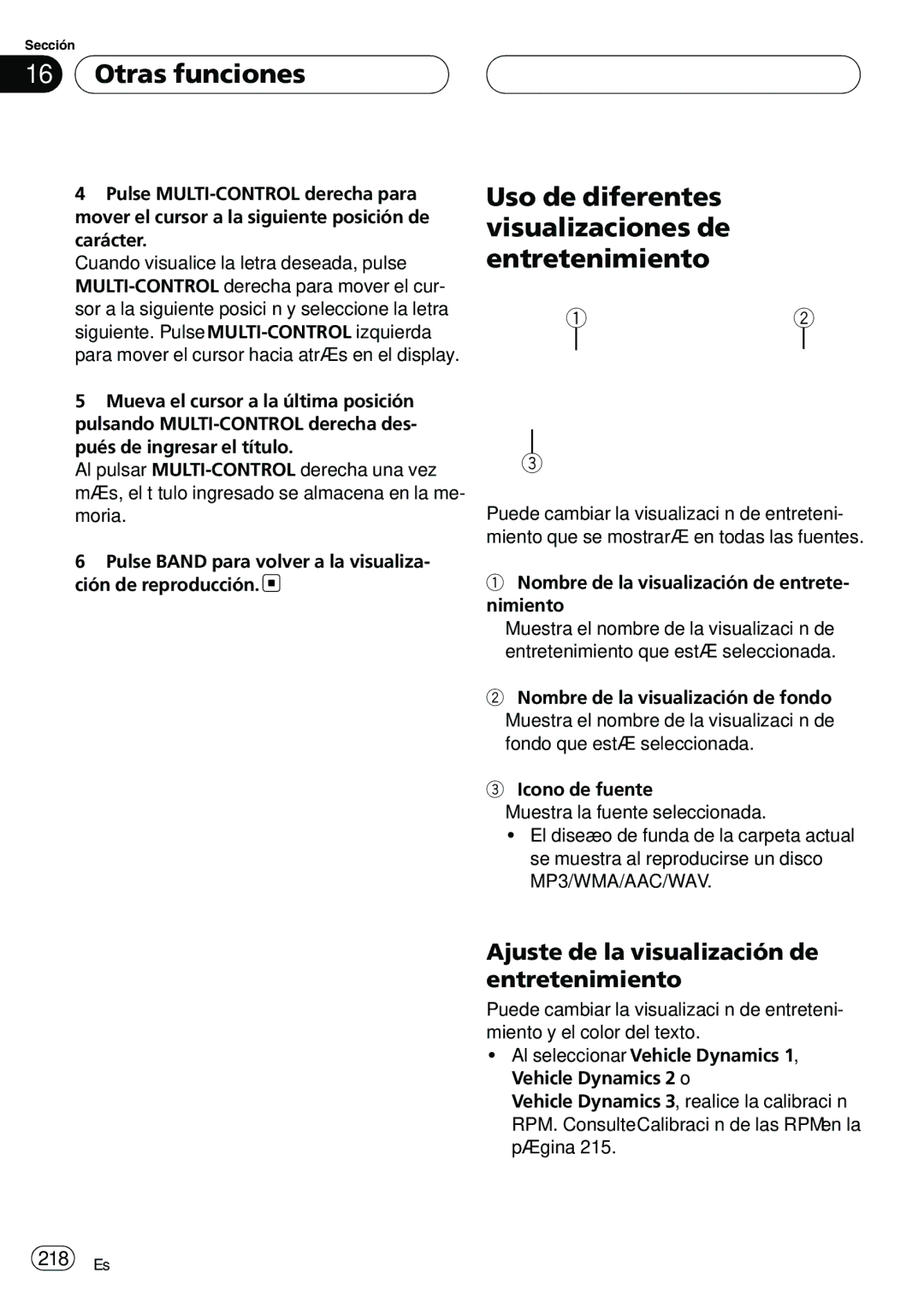 Pioneer DEH-P9800BT operation manual Otras funciones, Uso de diferentes visualizaciones de entretenimiento, 218 Es 