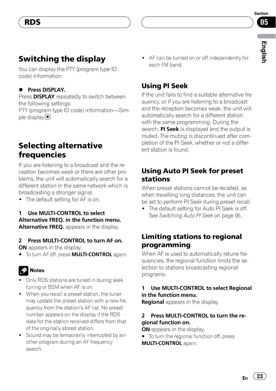 Pioneer DEH-P9800BT operation manual Switching the display, Selecting alternative frequencies, Using PI Seek 