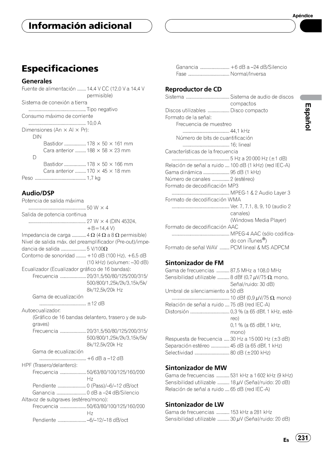 Pioneer DEH-P9800BT operation manual Información adicional Especificaciones 