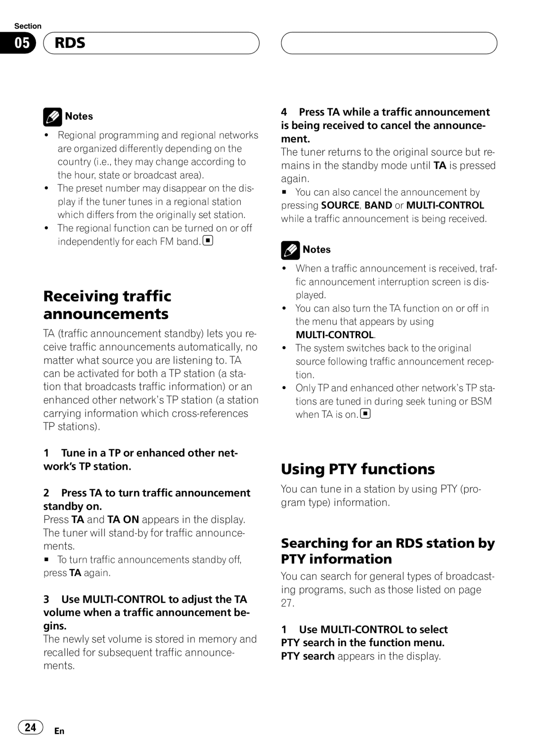 Pioneer DEH-P9800BT Receiving traffic announcements, Using PTY functions, Searching for an RDS station by PTY information 