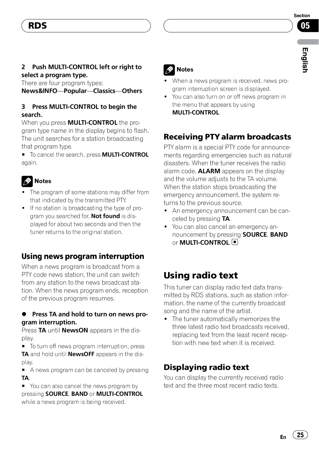 Pioneer DEH-P9800BT operation manual Using radio text, Using news program interruption, Receiving PTY alarm broadcasts 