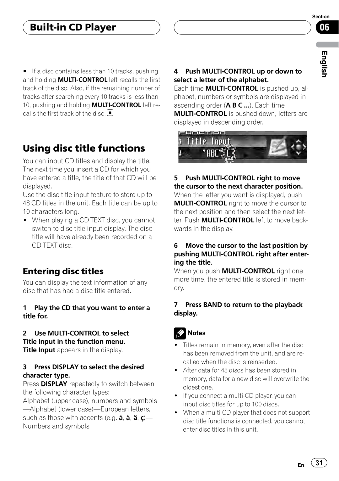 Pioneer DEH-P9800BT operation manual Built-in CD Player, Using disc title functions, Entering disc titles 