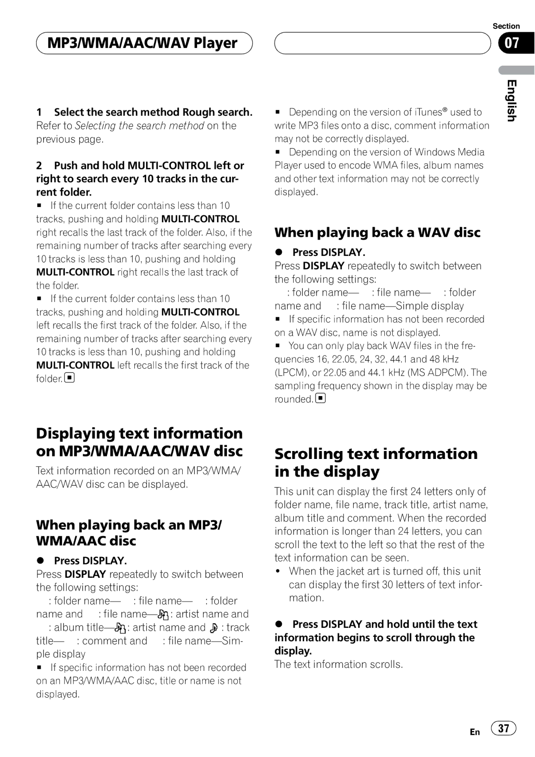 Pioneer DEH-P9800BT operation manual MP3/WMA/AAC/WAV Player, Displaying text information on MP3/WMA/AAC/WAV disc 