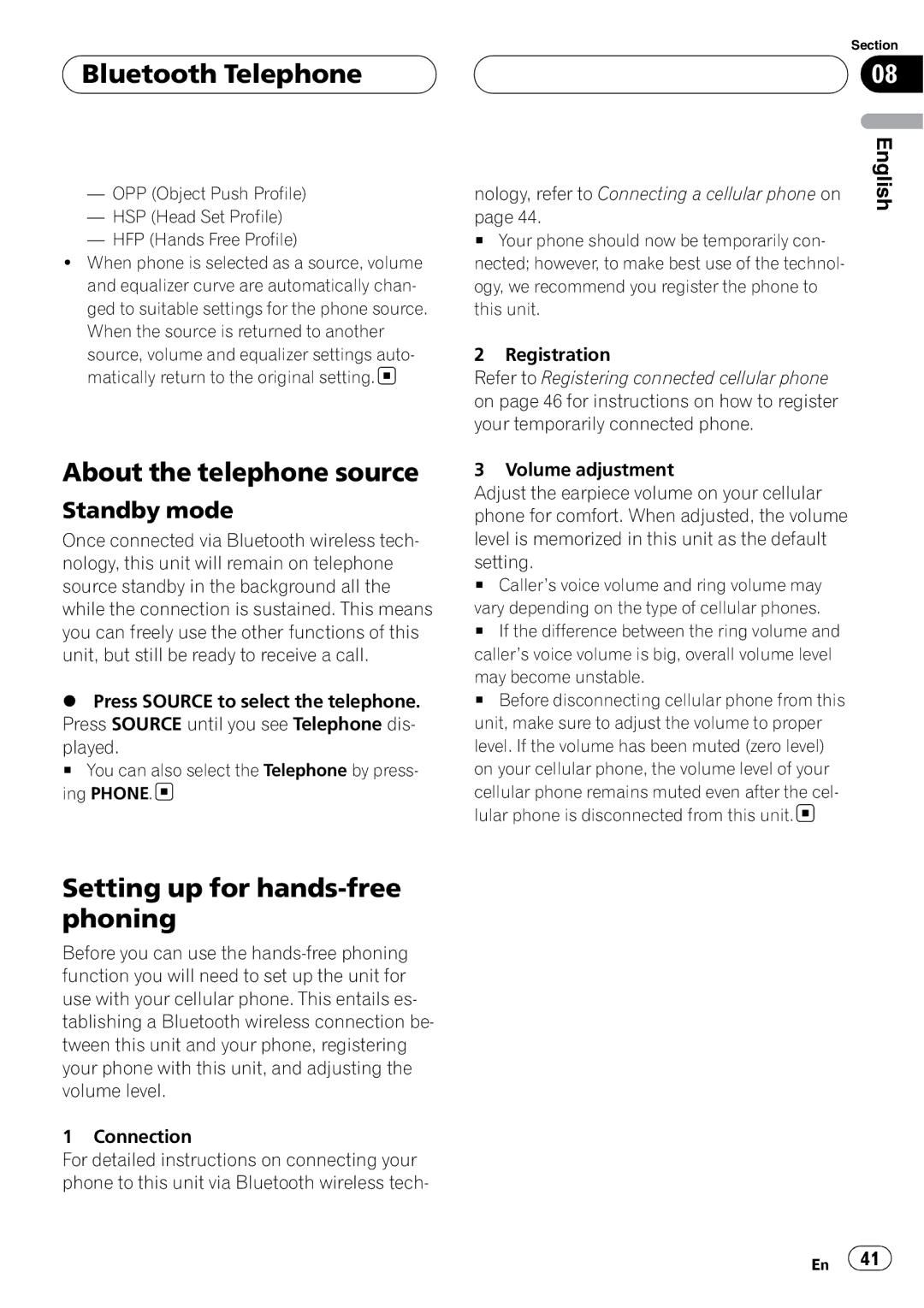 Pioneer DEH-P9800BT Bluetooth Telephone, About the telephone source, Setting up for hands-free phoning, Standby mode 