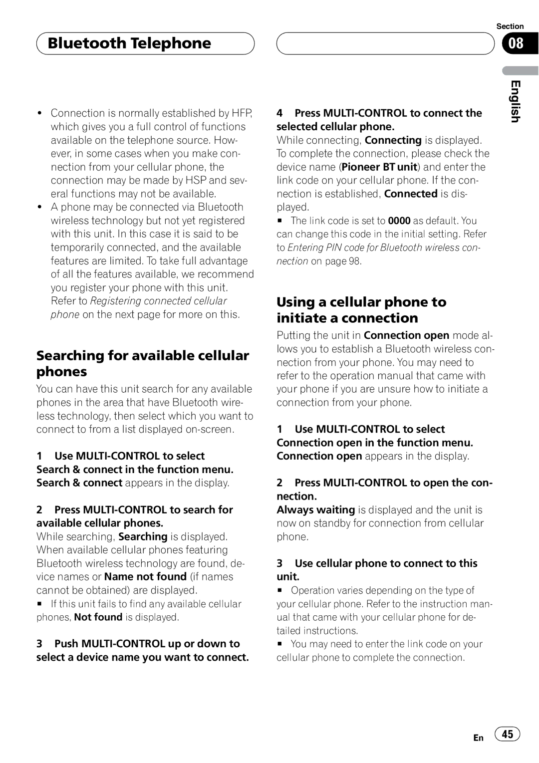 Pioneer DEH-P9800BT Searching for available cellular phones, Using a cellular phone to initiate a connection 