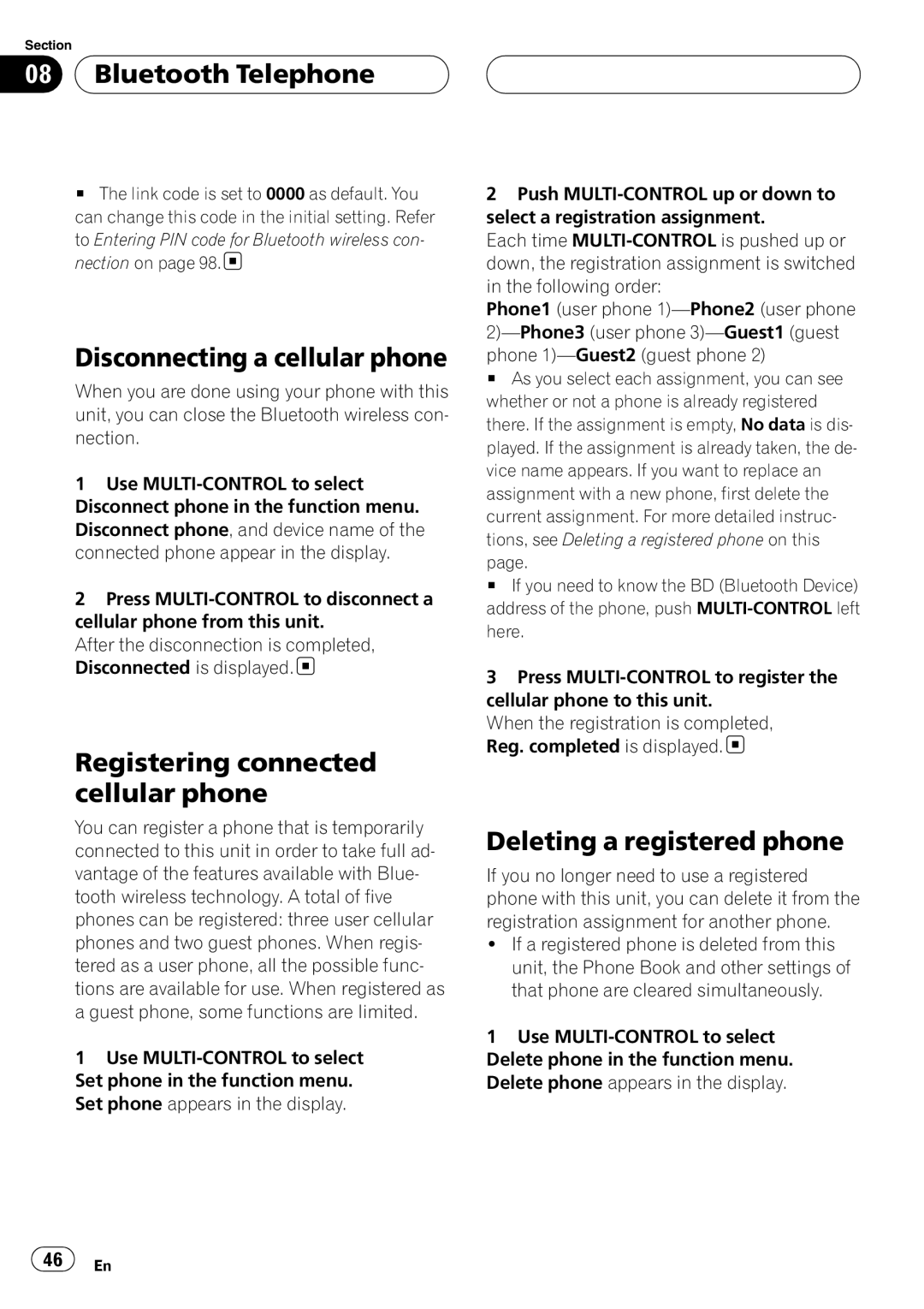 Pioneer DEH-P9800BT Disconnecting a cellular phone, Registering connected cellular phone, Deleting a registered phone 