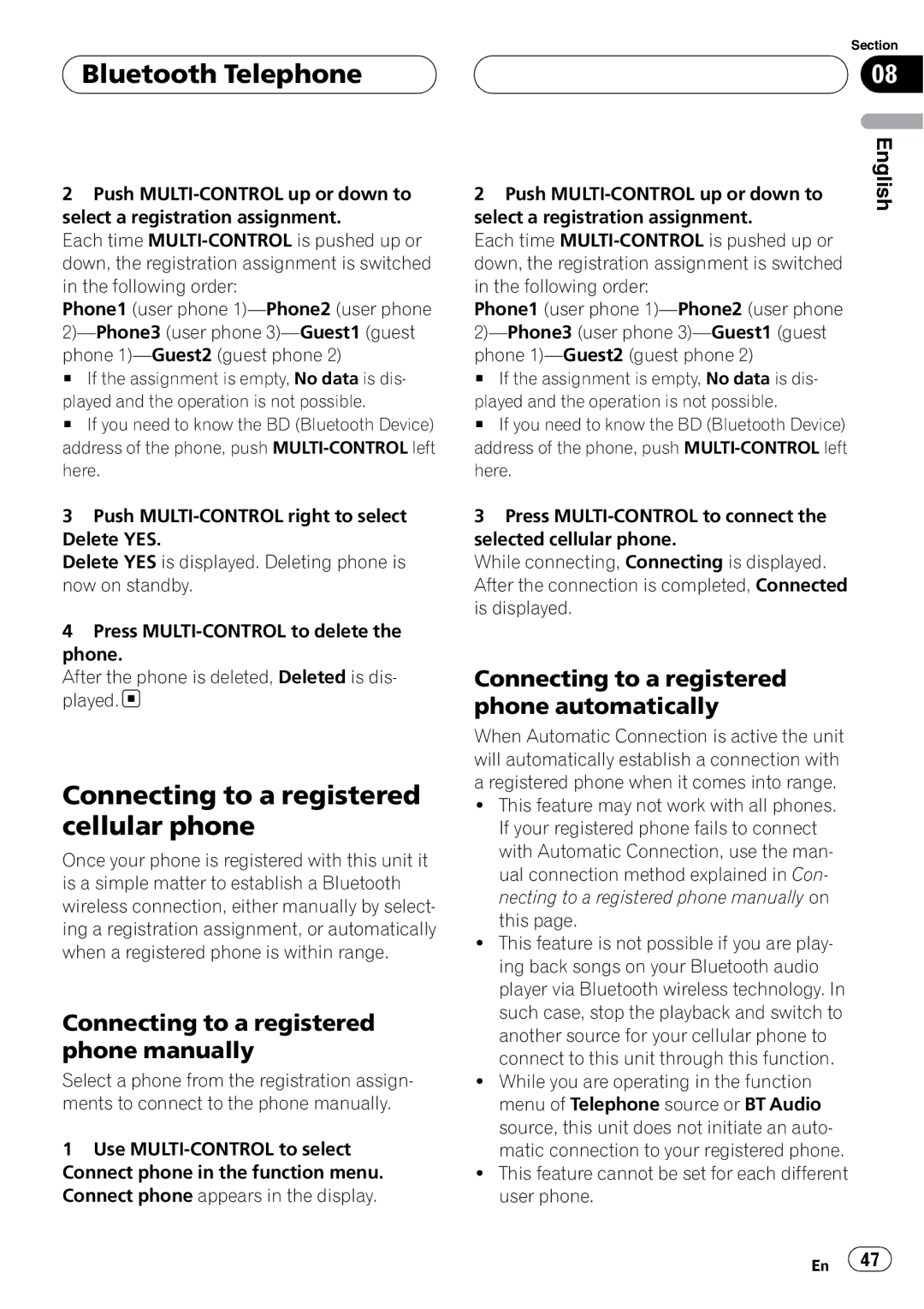 Pioneer DEH-P9800BT operation manual Connecting to a registered cellular phone, Connecting to a registered phone manually 