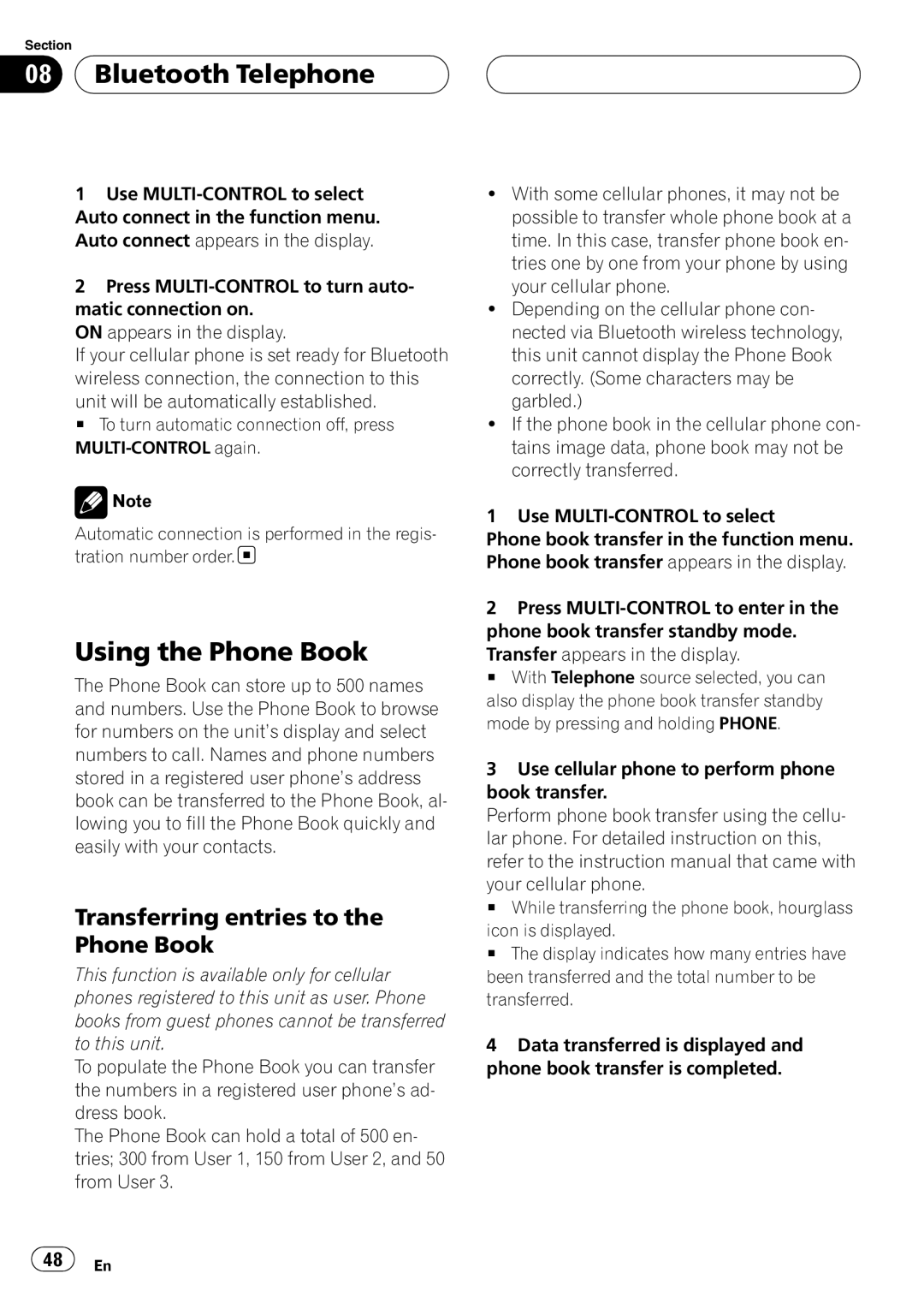 Pioneer DEH-P9800BT operation manual Using the Phone Book, Transferring entries to Phone Book 