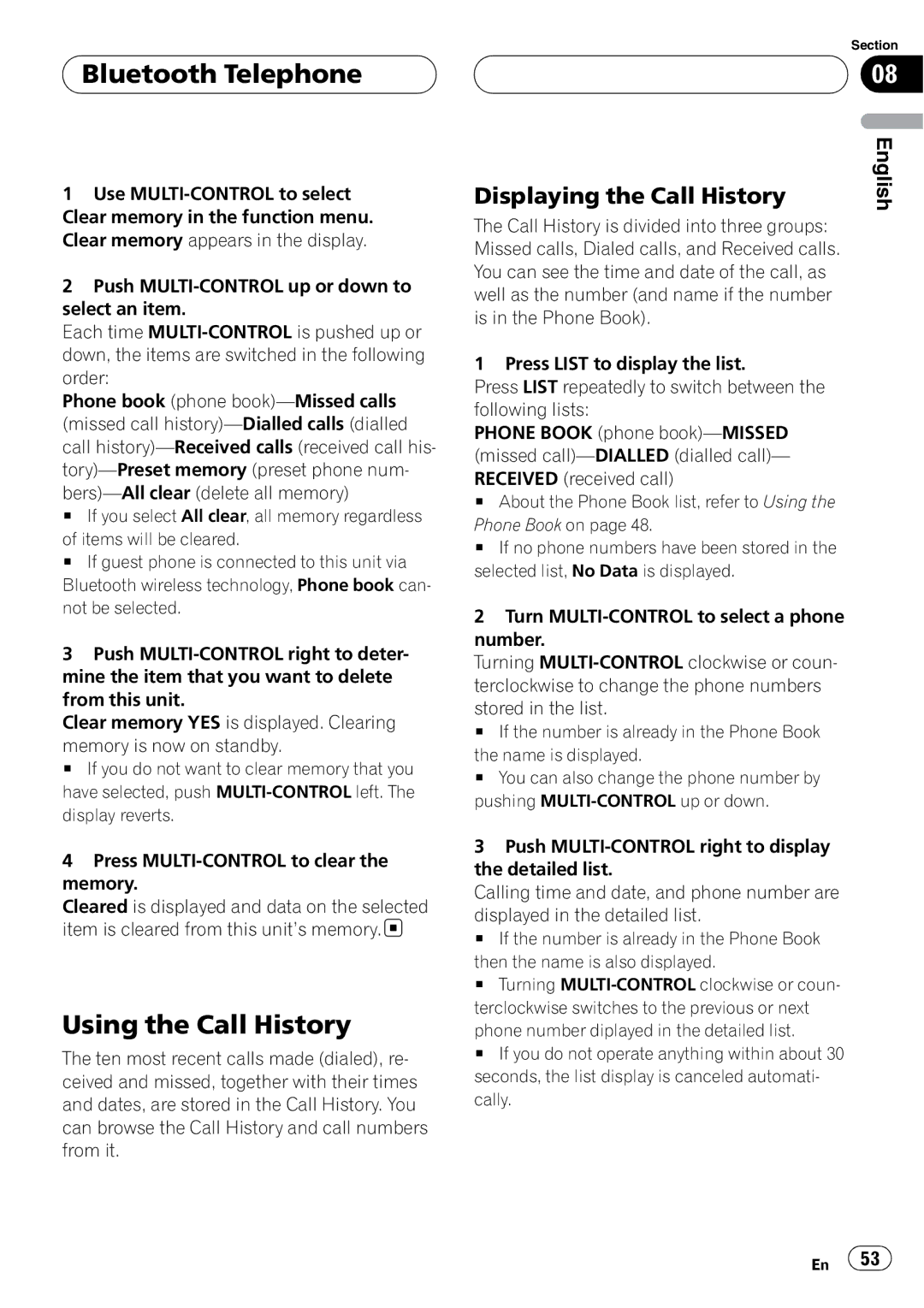 Pioneer DEH-P9800BT operation manual Using the Call History, Displaying the Call History 