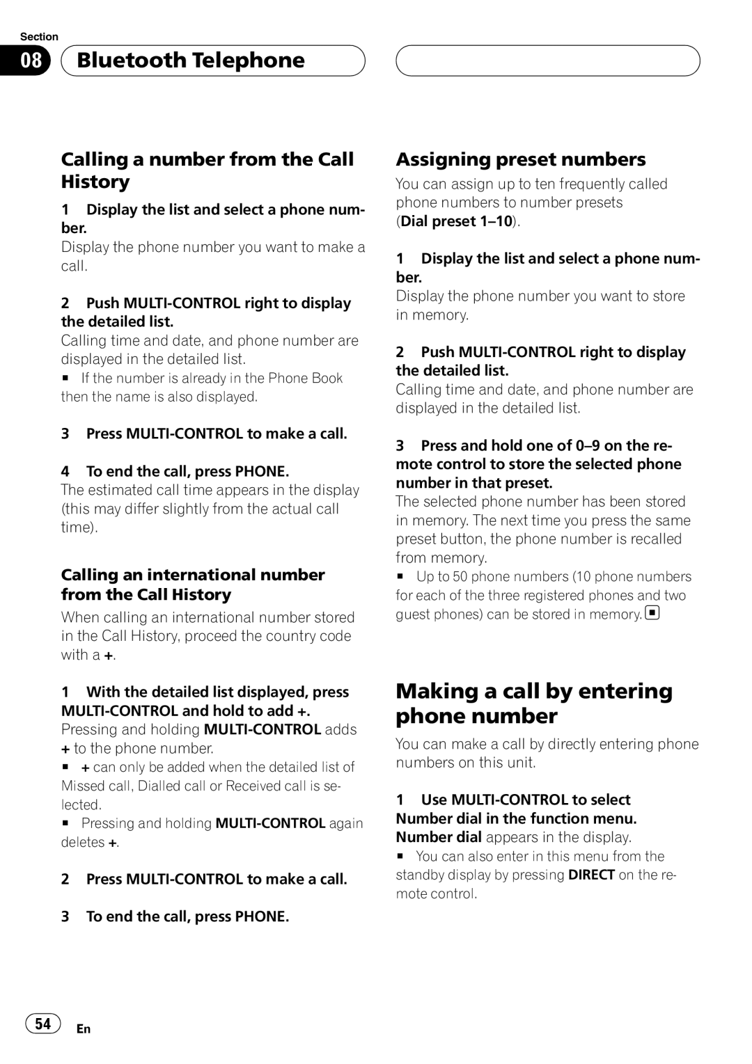 Pioneer DEH-P9800BT operation manual Making a call by entering phone number, Calling a number from the Call History 