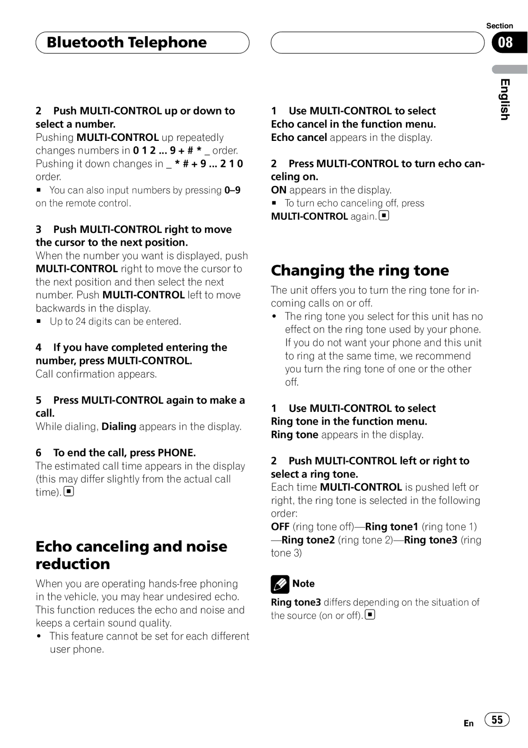 Pioneer DEH-P9800BT operation manual Echo canceling and noise reduction, Changing the ring tone 