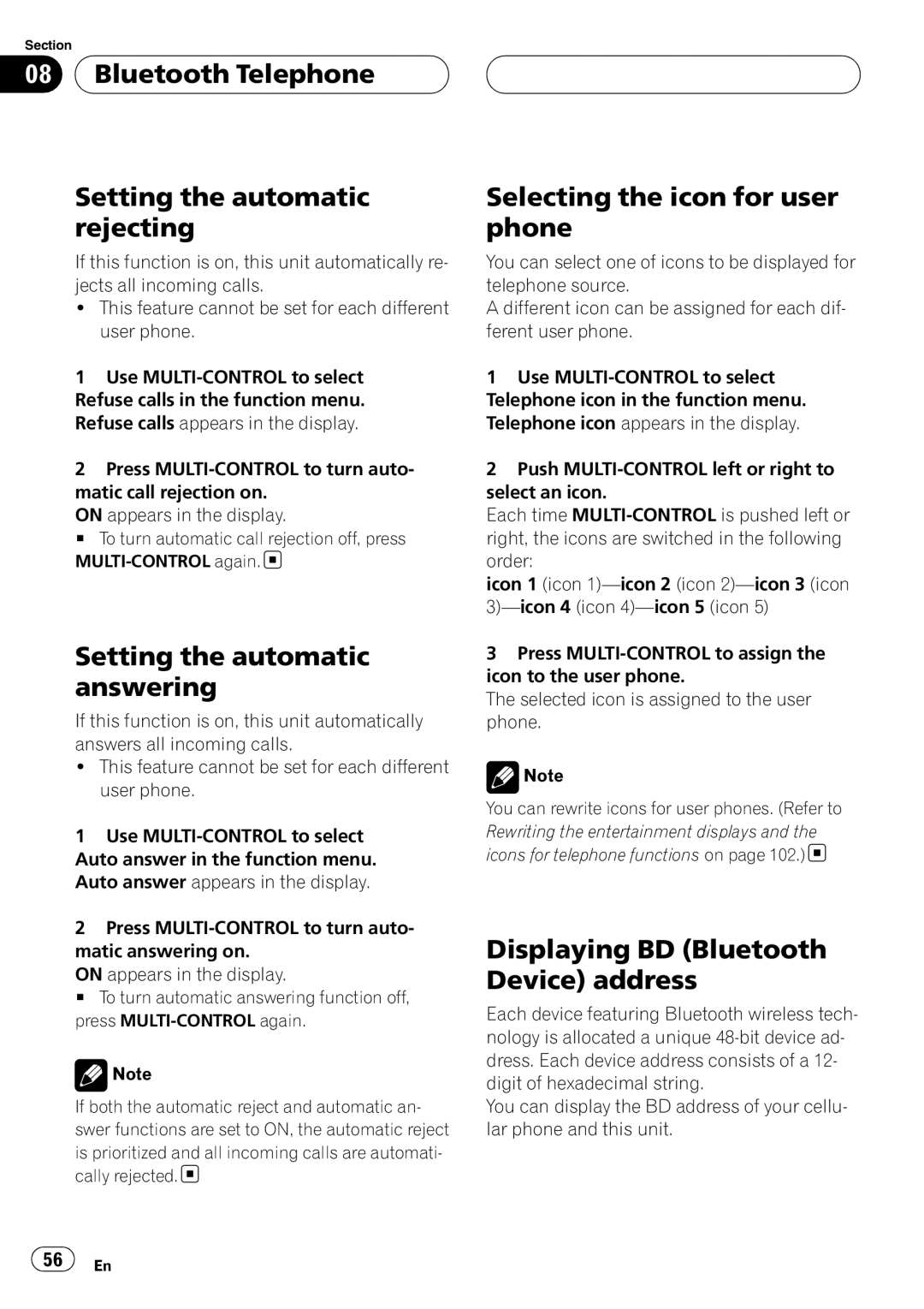 Pioneer DEH-P9800BT operation manual Bluetooth Telephone Setting the automatic rejecting, Setting the automatic answering 