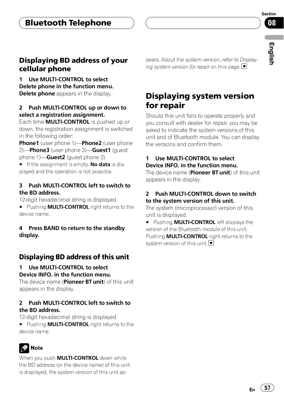 Pioneer DEH-P9800BT operation manual Displaying system version for repair, Displaying BD address of your cellular phone 