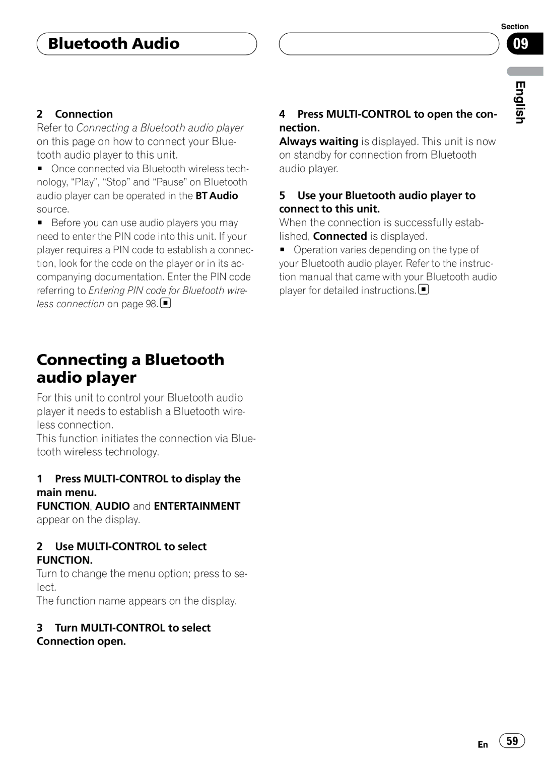 Pioneer DEH-P9800BT operation manual Bluetooth Audio, Connecting a Bluetooth audio player 