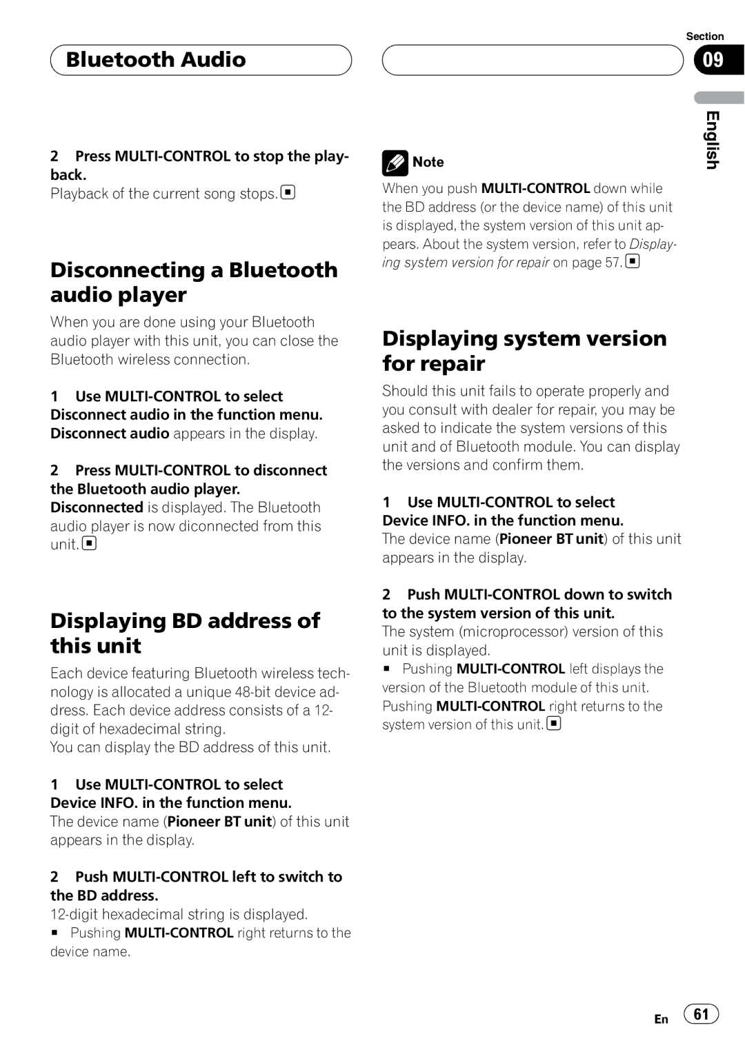 Pioneer DEH-P9800BT operation manual Disconnecting a Bluetooth audio player, Displaying BD address of this unit 