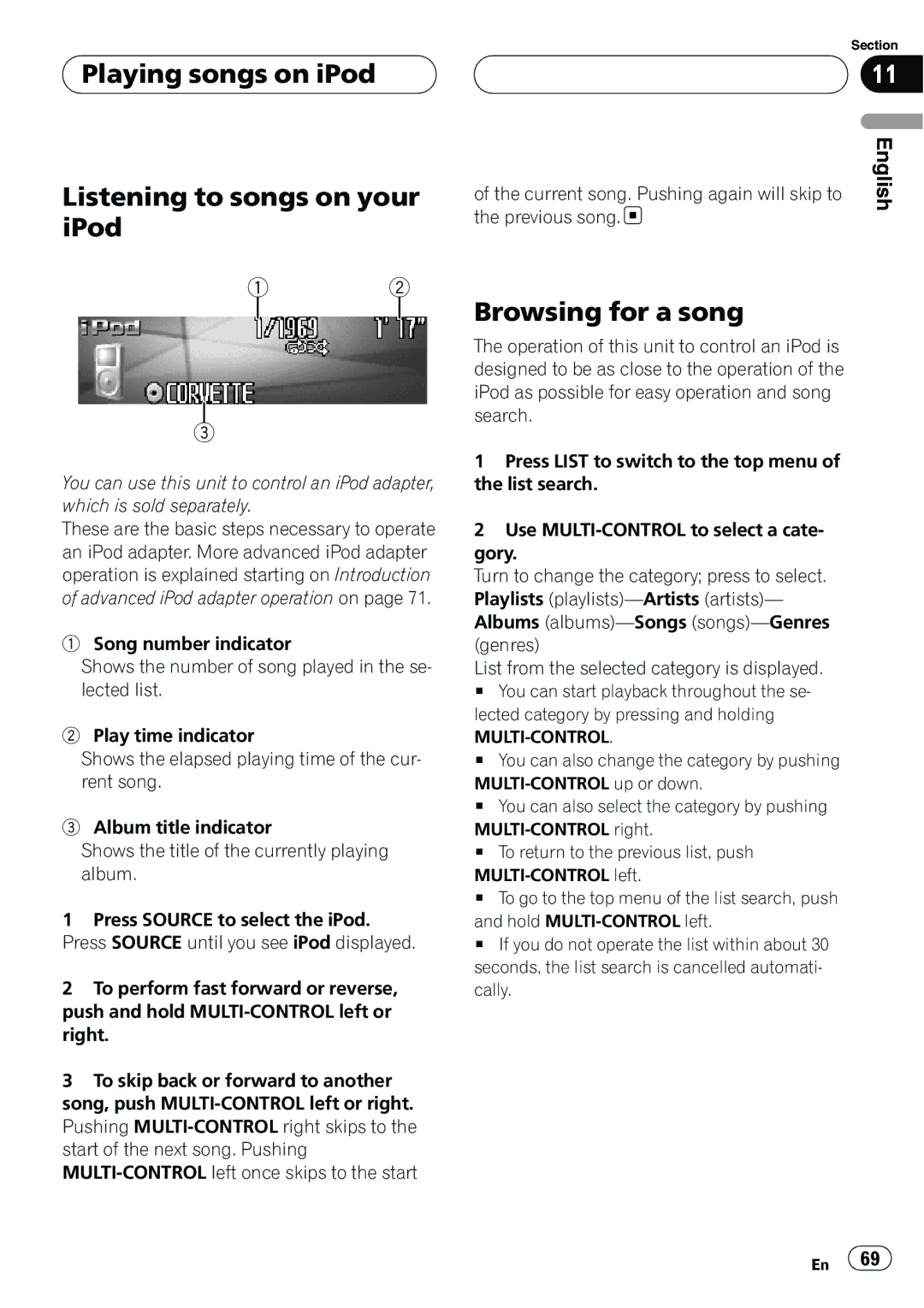 Pioneer DEH-P9800BT operation manual Playing songs on iPod Listening to songs on your iPod, Browsing for a song 