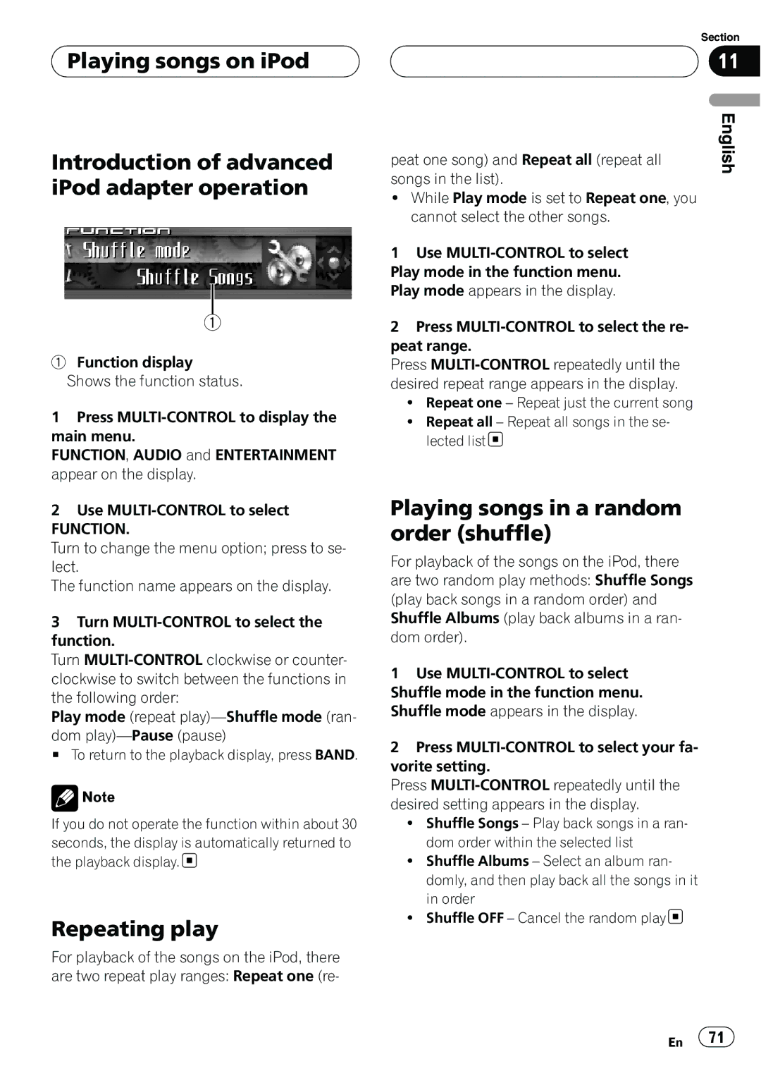 Pioneer DEH-P9800BT operation manual Repeating play, Playing songs in a random order shuffle 