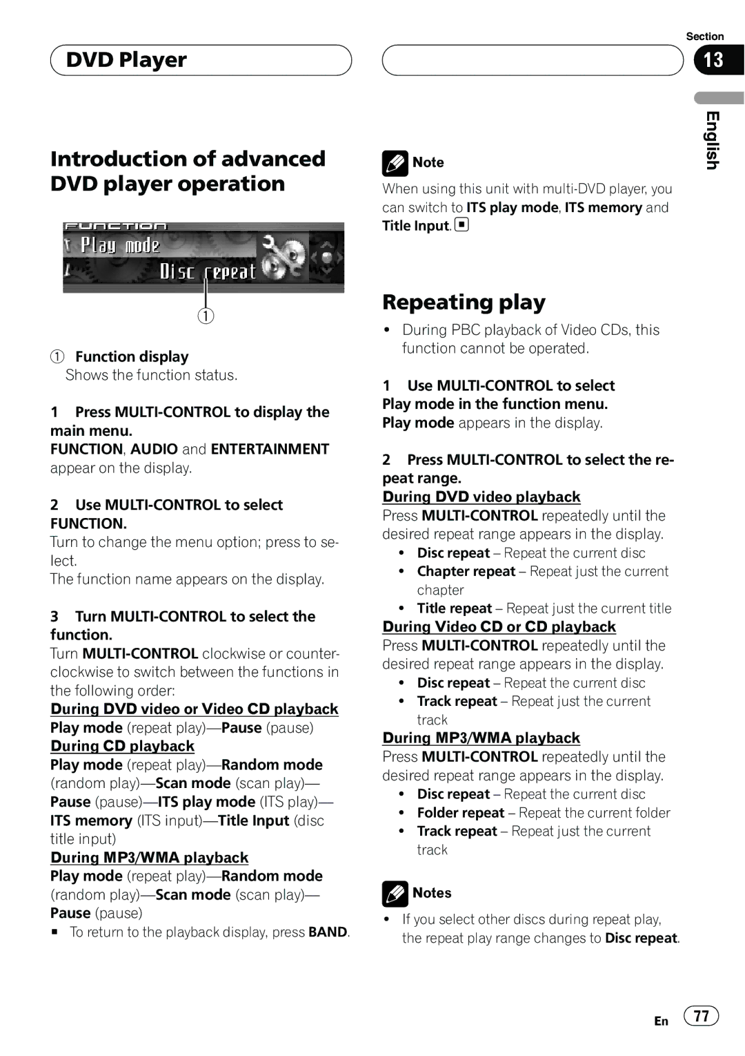 Pioneer DEH-P9800BT operation manual DVD Player Introduction of advanced DVD player operation, Repeating play 