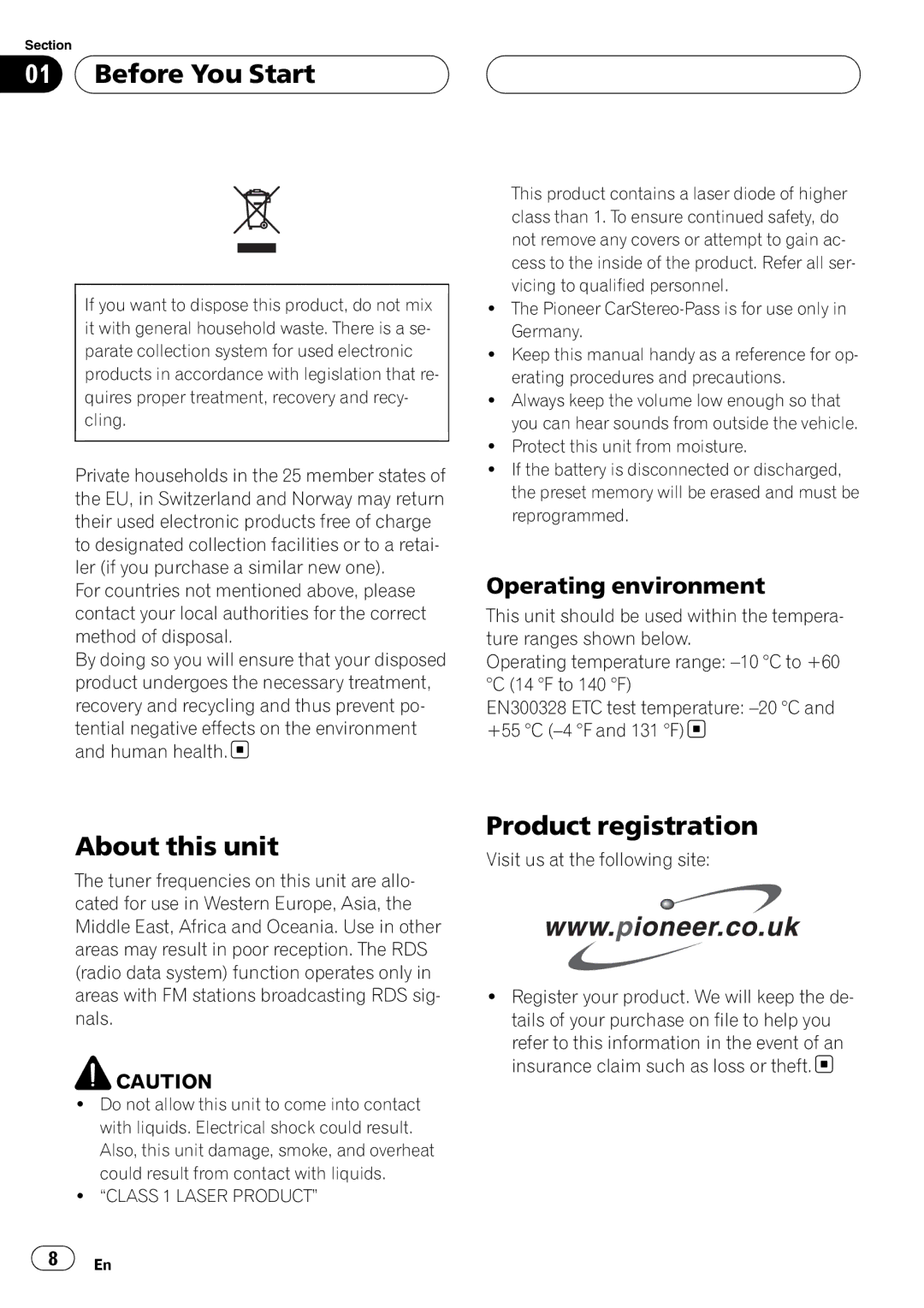 Pioneer DEH-P9800BT operation manual Before You Start, About this unit, Product registration, Operating environment 