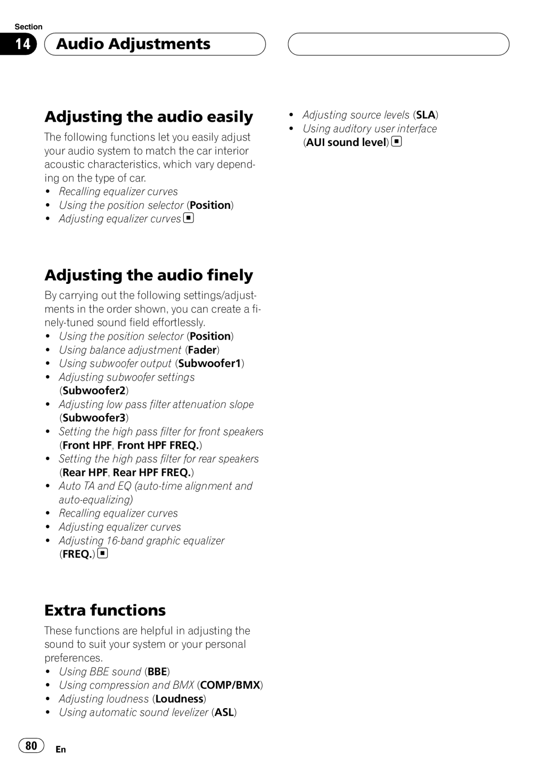 Pioneer DEH-P9800BT Audio Adjustments Adjusting the audio easily, Adjusting the audio finely, Extra functions 