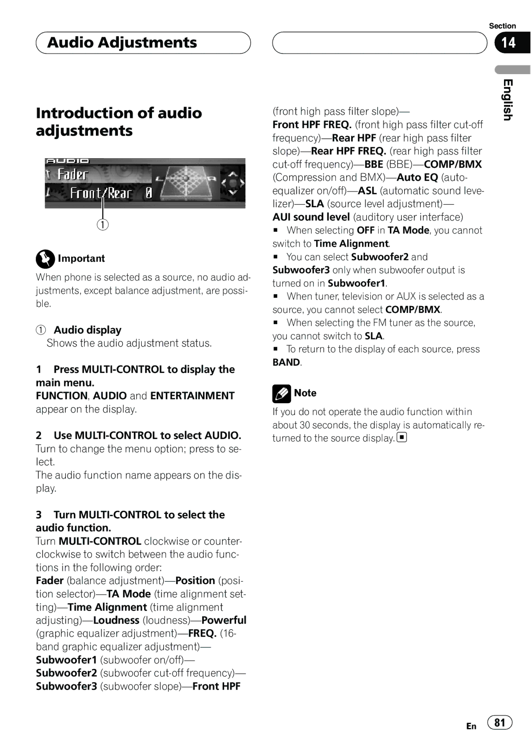 Pioneer DEH-P9800BT operation manual Audio Adjustments Introduction of audio adjustments 