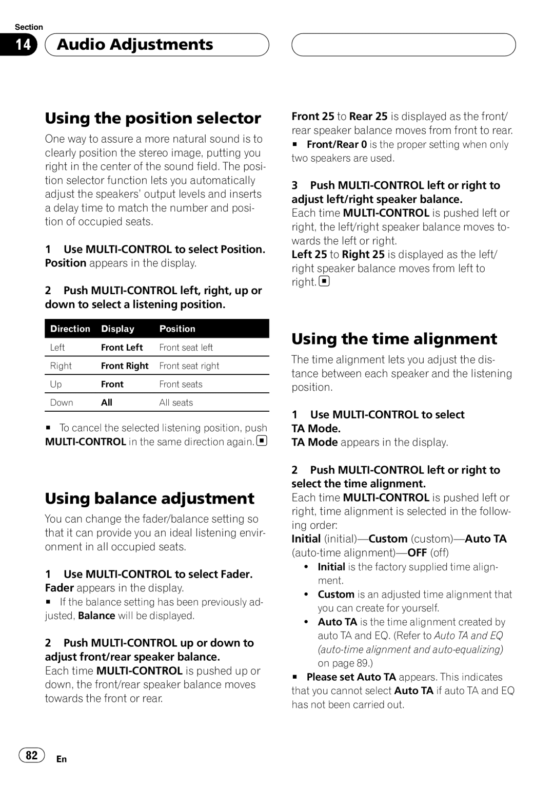 Pioneer DEH-P9800BT Audio Adjustments Using the position selector, Using balance adjustment, Using the time alignment 