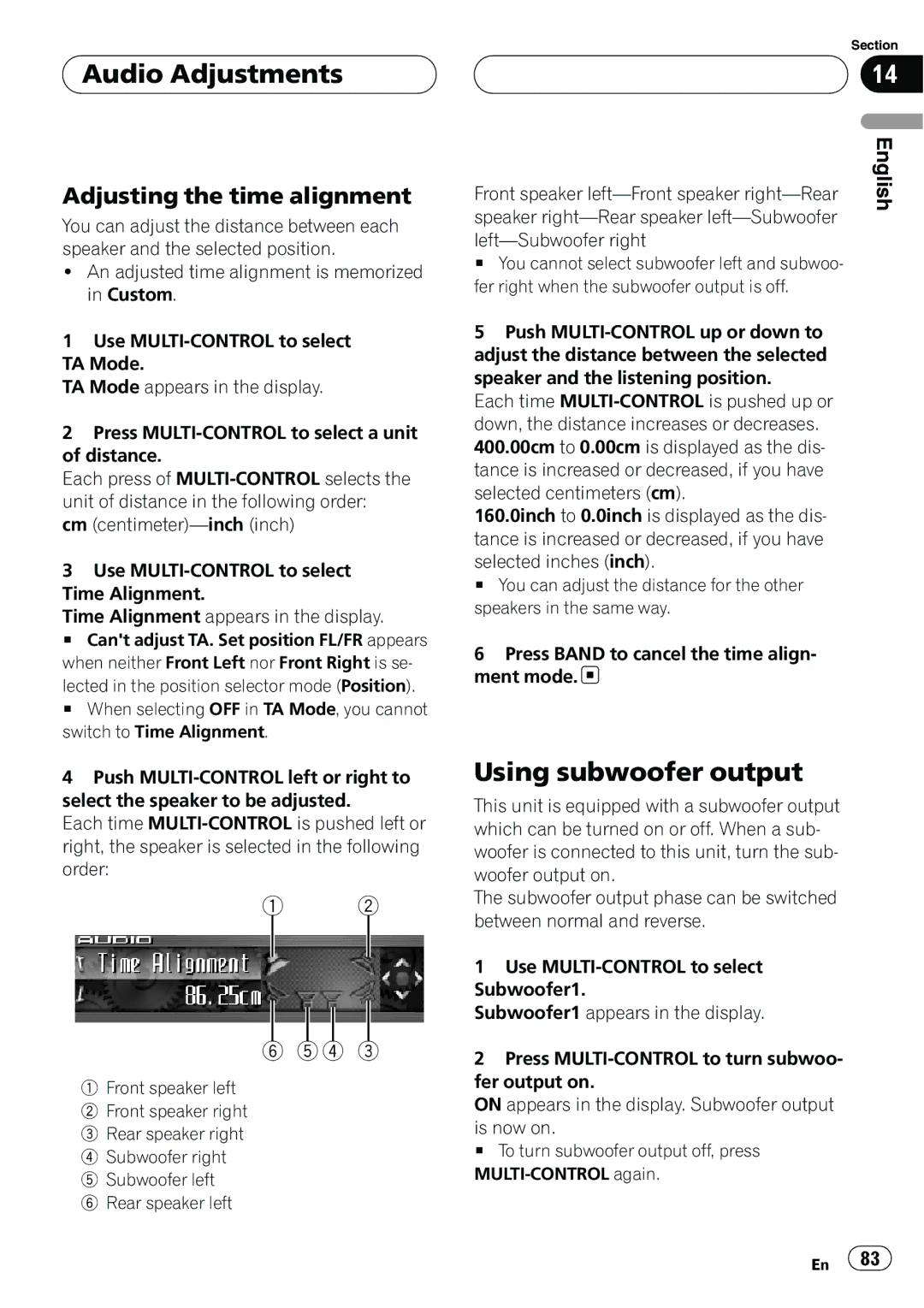 Pioneer DEH-P9800BT operation manual Audio Adjustments, Using subwoofer output, Adjusting the time alignment 