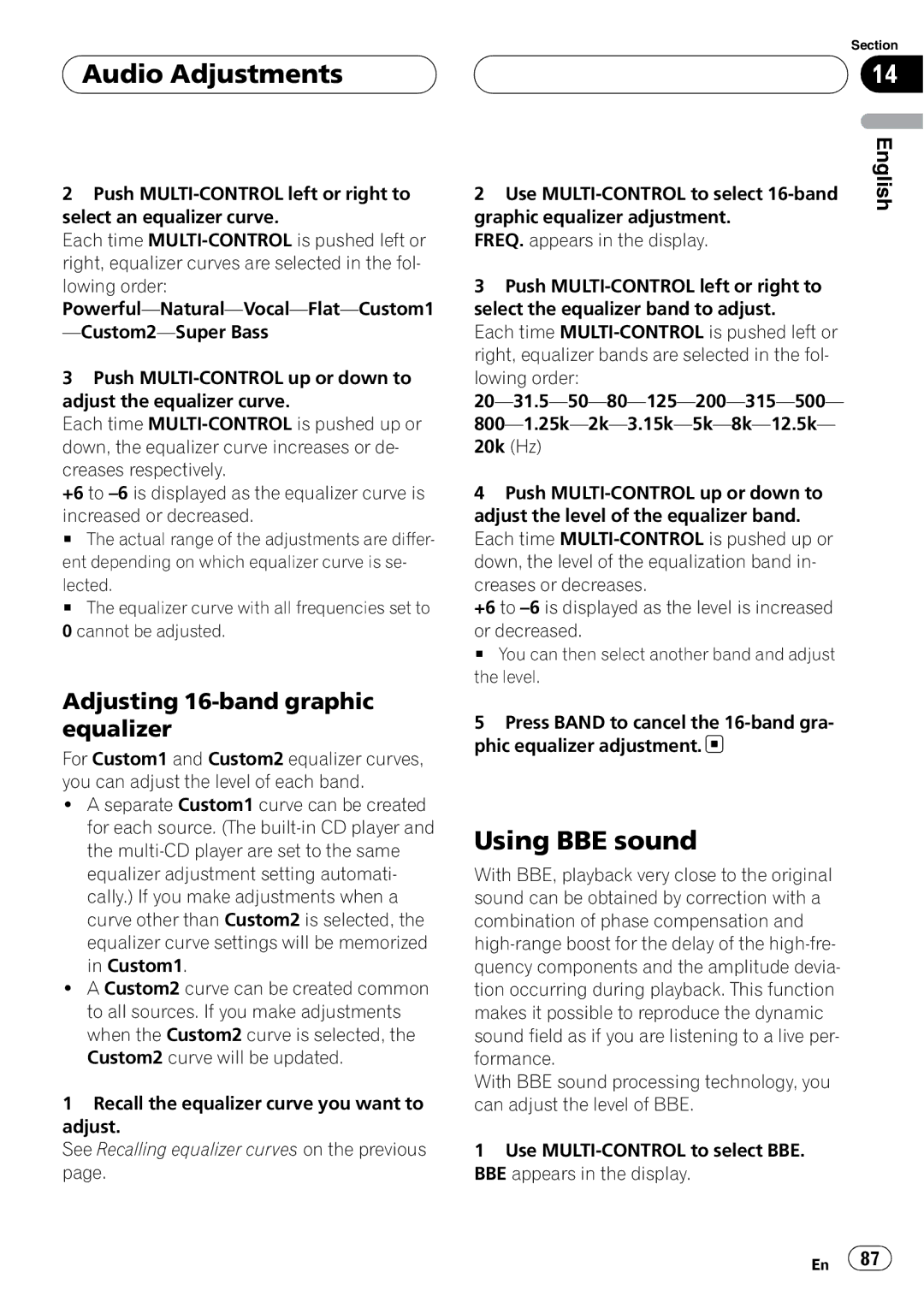 Pioneer DEH-P9800BT operation manual Using BBE sound, Adjusting 16-band graphic equalizer 