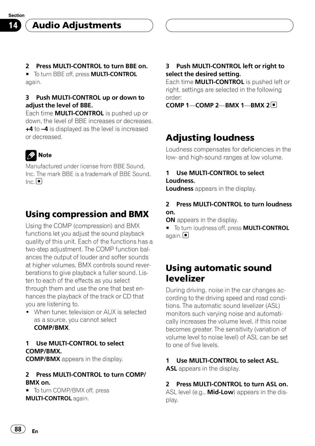 Pioneer DEH-P9800BT operation manual Using compression and BMX, Adjusting loudness, Using automatic sound levelizer 