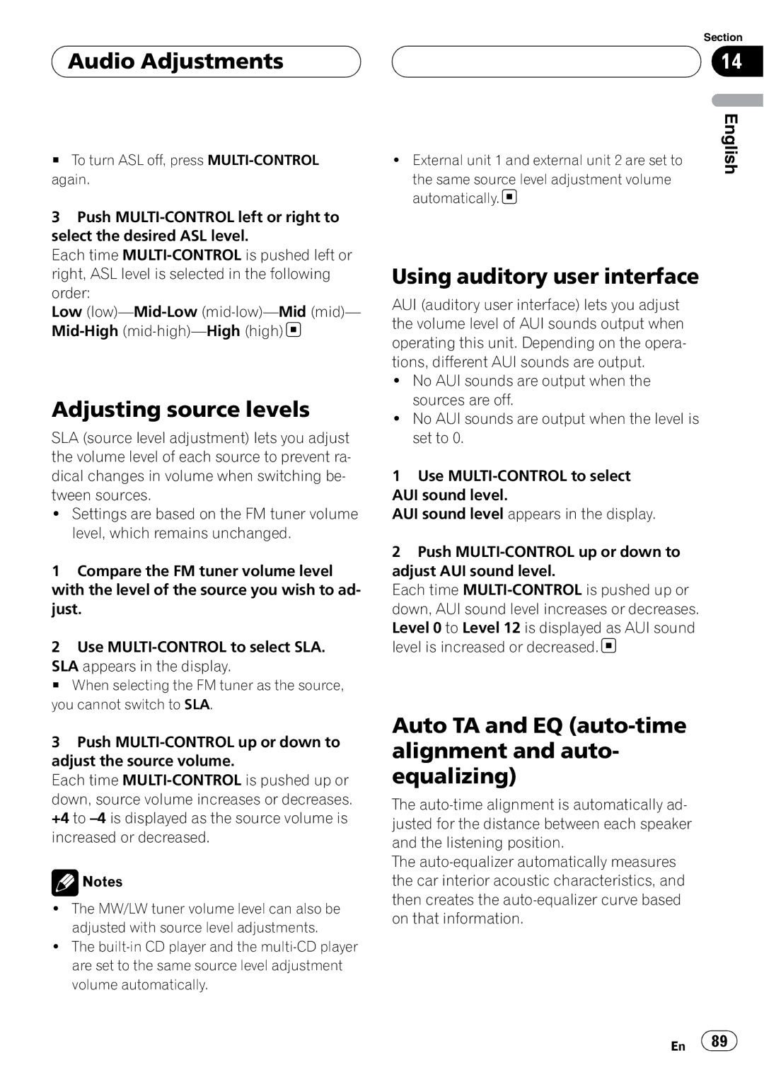 Pioneer DEH-P9800BT operation manual Adjusting source levels, Using auditory user interface 