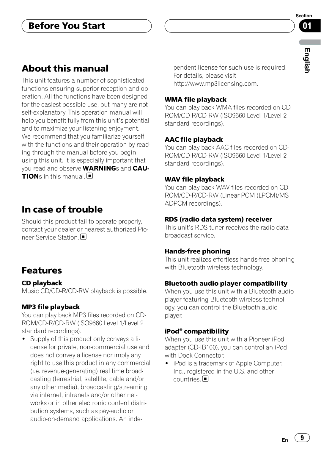 Pioneer DEH-P9800BT operation manual Before You Start About this manual Case of trouble, Features 