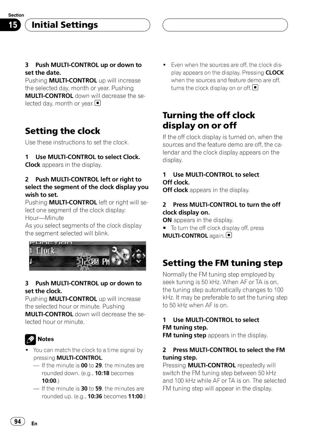 Pioneer DEH-P9800BT operation manual Initial Settings, Setting the clock, Turning the off clock display on or off 