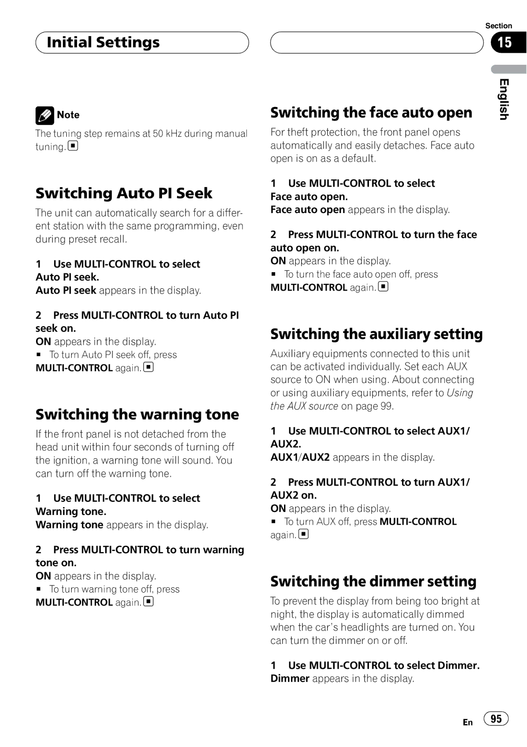 Pioneer DEH-P9800BT operation manual Switching Auto PI Seek, Switching the warning tone, Switching the face auto open 