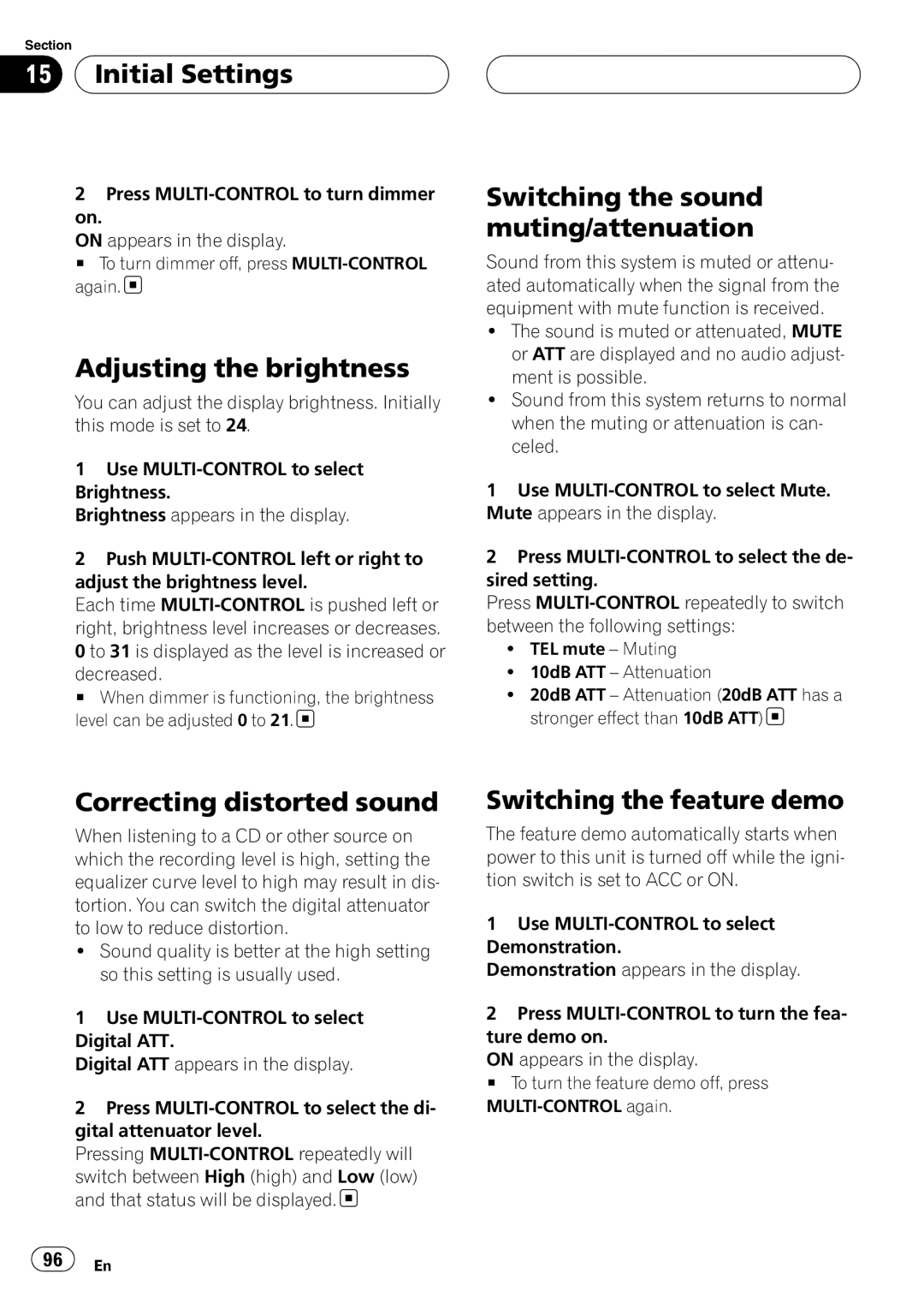 Pioneer DEH-P9800BT Adjusting the brightness, Switching the sound muting/attenuation, Correcting distorted sound 