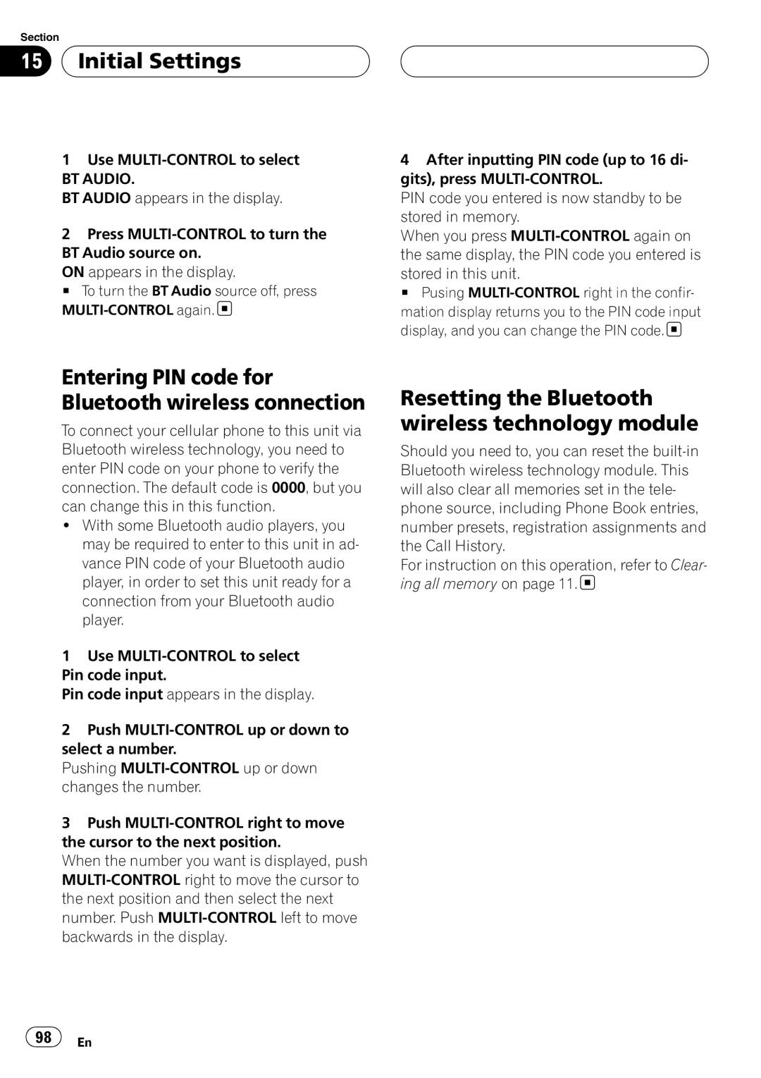 Pioneer DEH-P9800BT operation manual Entering PIN code for Bluetooth wireless connection 