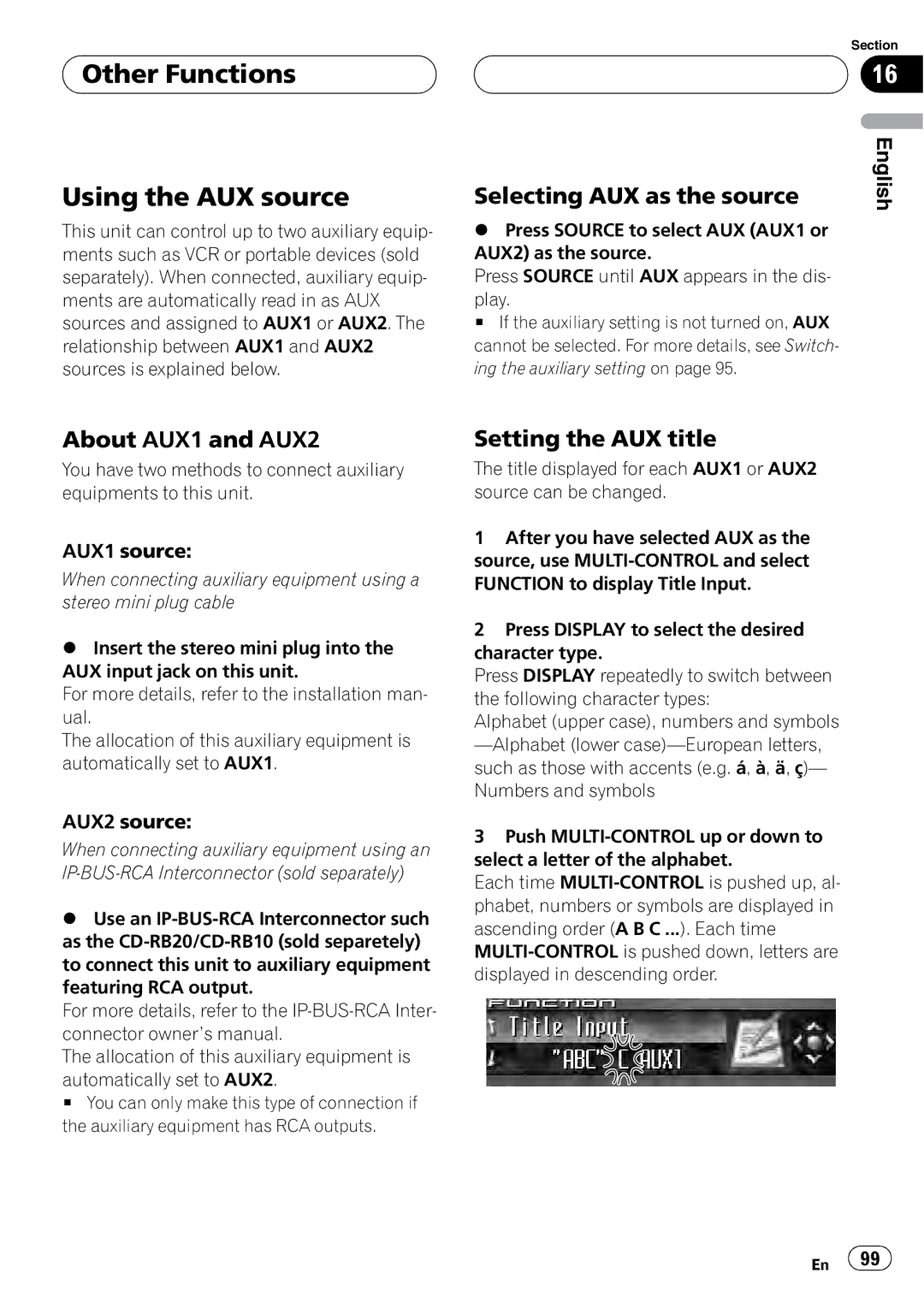 Pioneer DEH-P9800BT operation manual Other Functions Using the AUX source, Selecting AUX as the source, About AUX1 and AUX2 