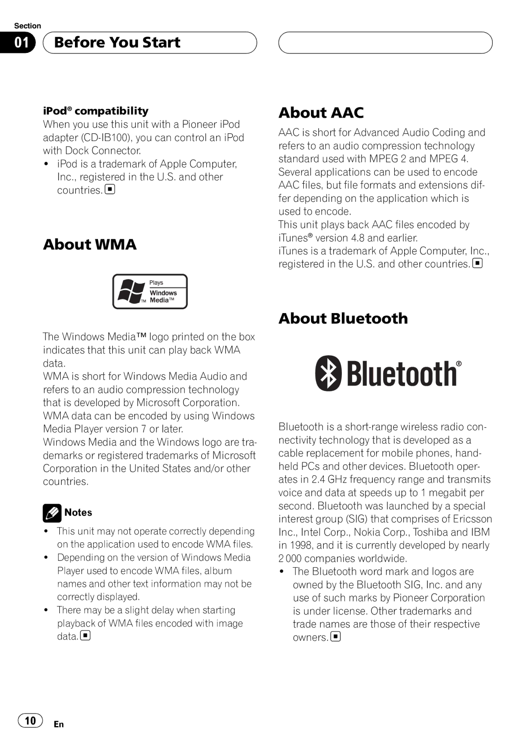 Pioneer DEH-P980BT operation manual About WMA, About AAC, About Bluetooth 